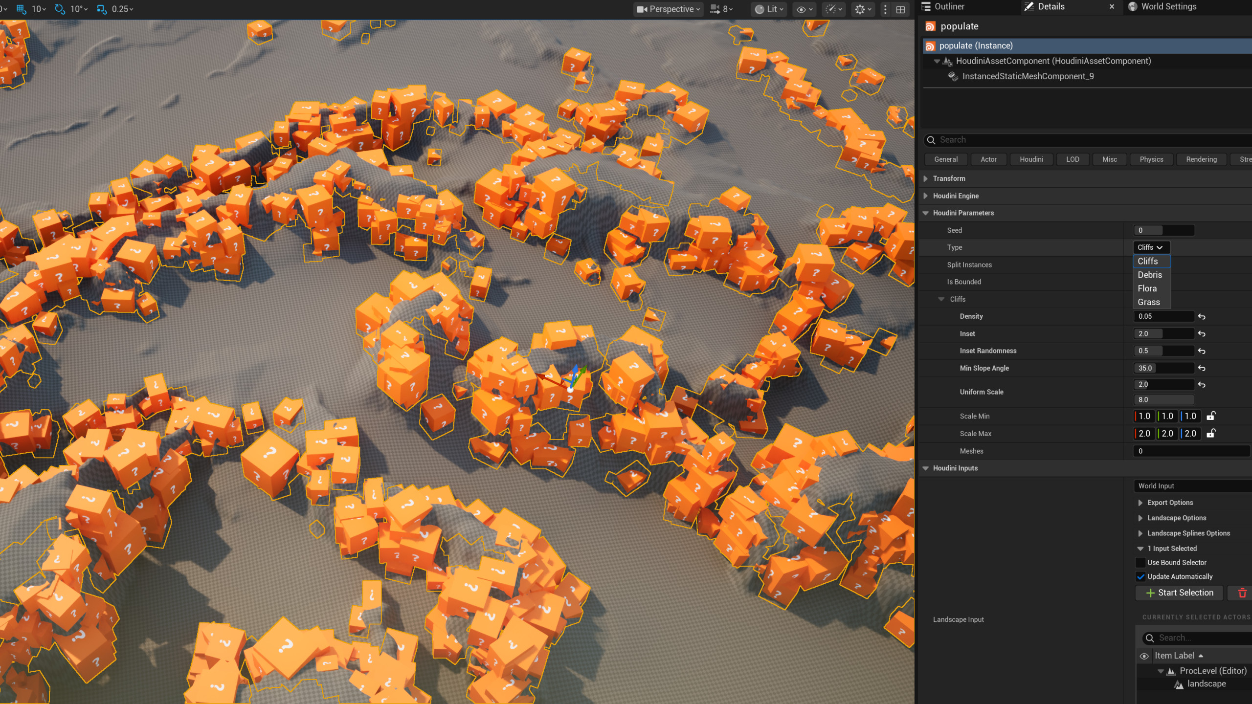 Example of the "Populate" HDA that is used after generating terrain to randomly scatter and instance cliffs, trees, grass, and debris.