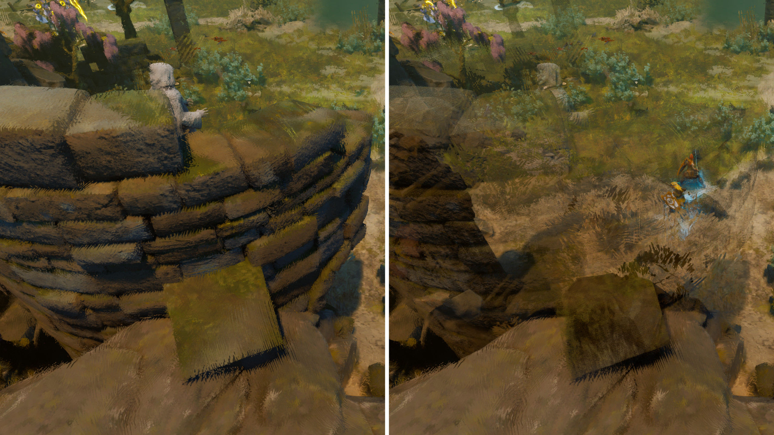 Side-by-side view of geometry occlusion culling disabled (left) and enabled (right).