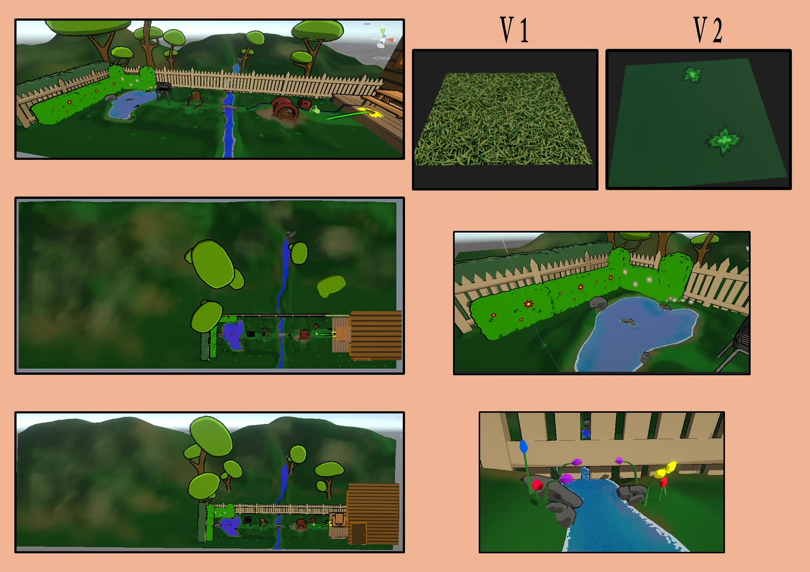 Environment:
Using Unity's terrain editor I created the terrain of the playable area and what could be seen by the player in the beyond. I used substance designer to create a tilable terrain material. I also created the environment layout.