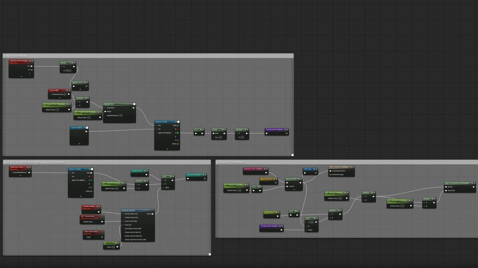 Parallax effect to fake translucency + Fresnel Cubemap and Raytrace emissive intensity