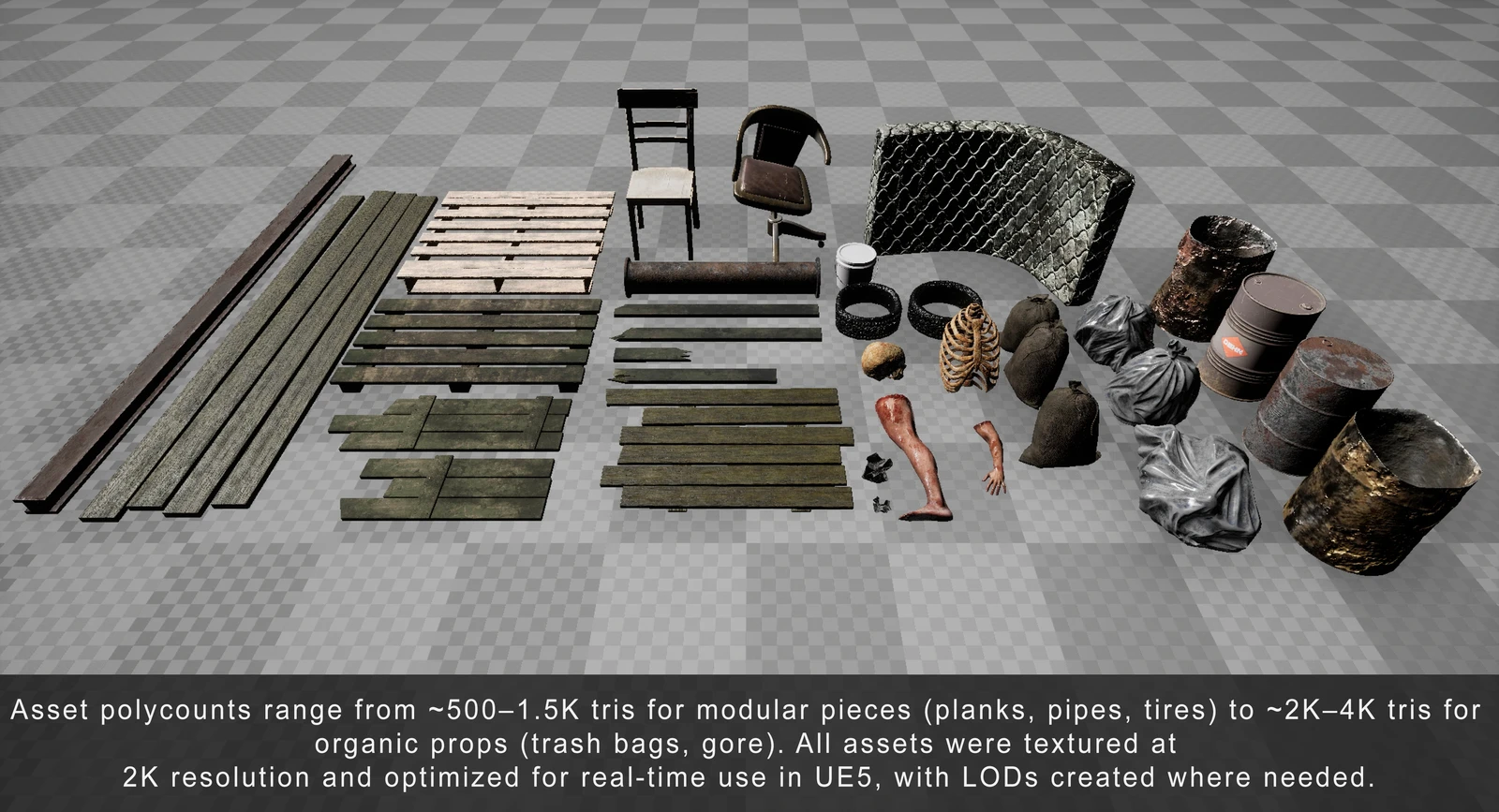 Debris Props Overview: All assets were baked and textured at 2048px using Substance Painter