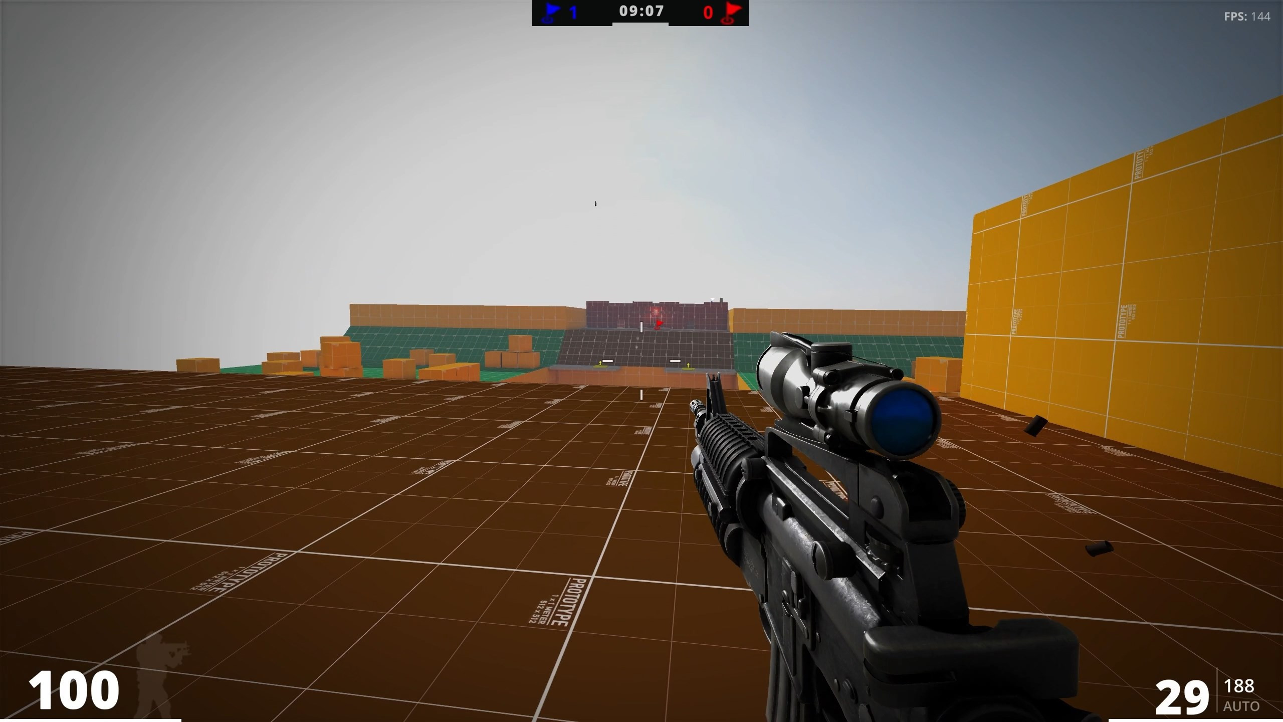 Material swap to glass shader when zoomed out. Glass is tinted either blue or red depending on what team the player is on. 