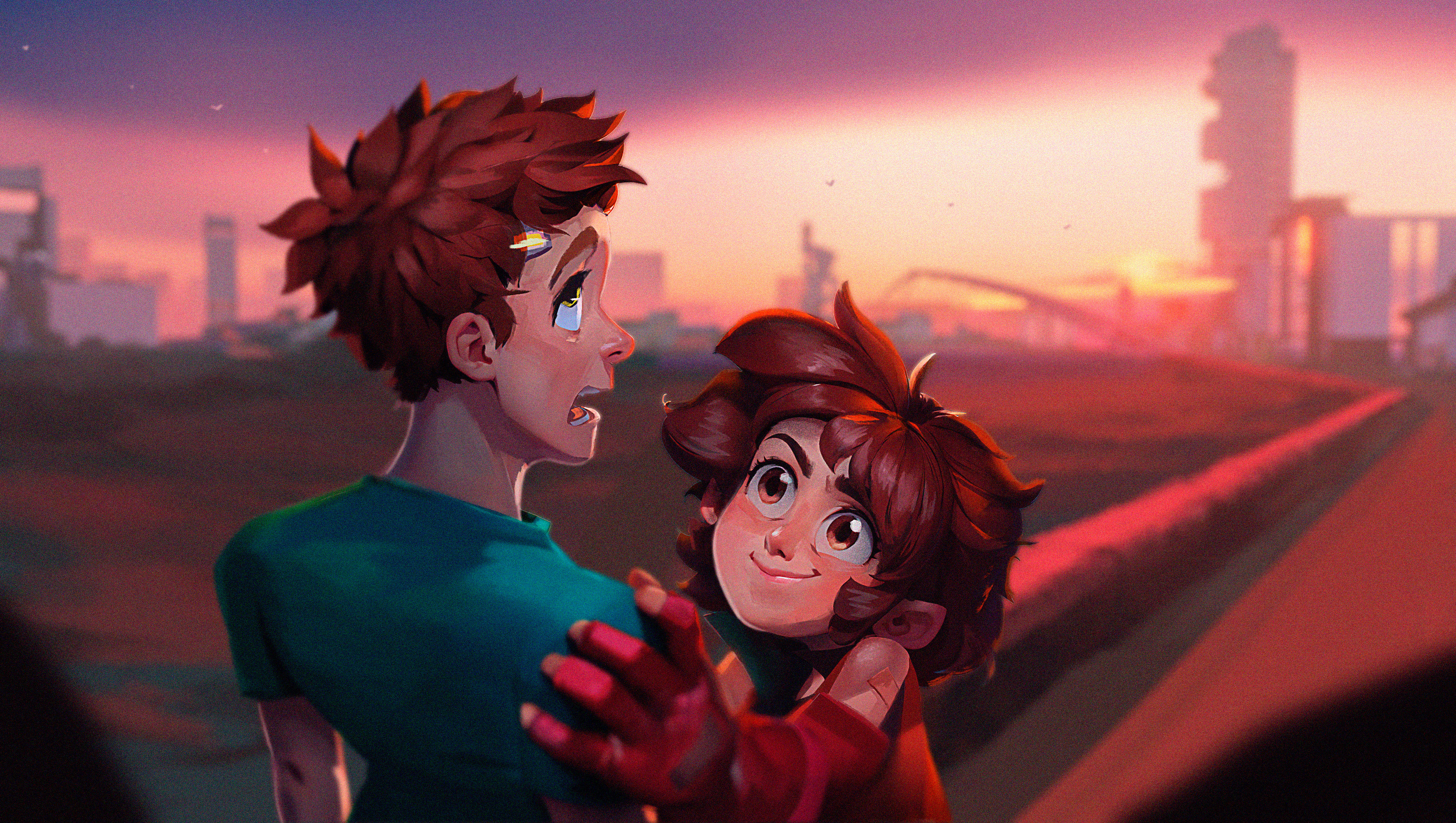 Final graded keyframe: Sandra holds Alex under a glowing Mediterranean sunset; warm rim-light and clear eye-line connection.