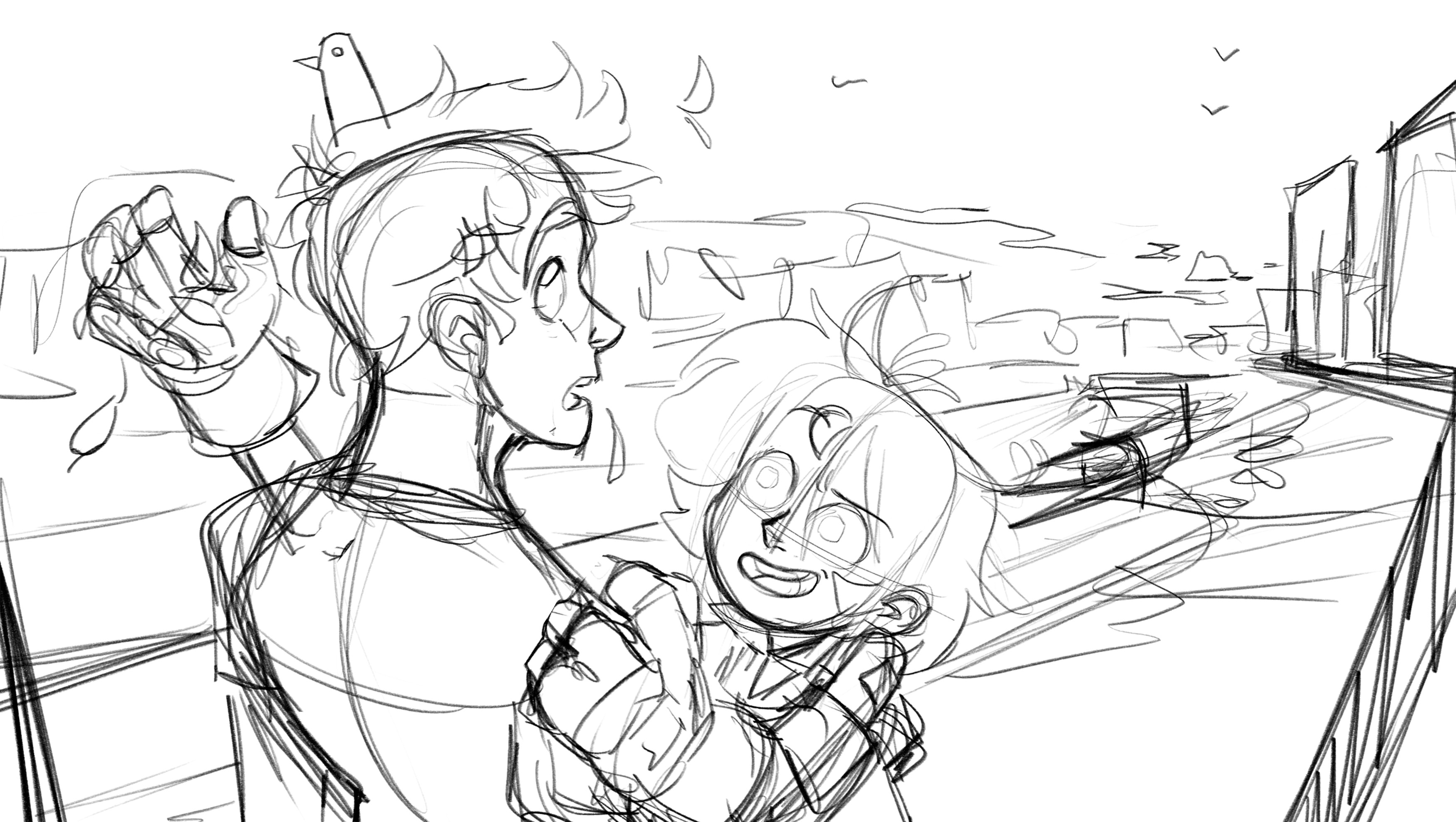 Initial rough sketch; gesture, framing, and action lines defined for the storytelling moment.
