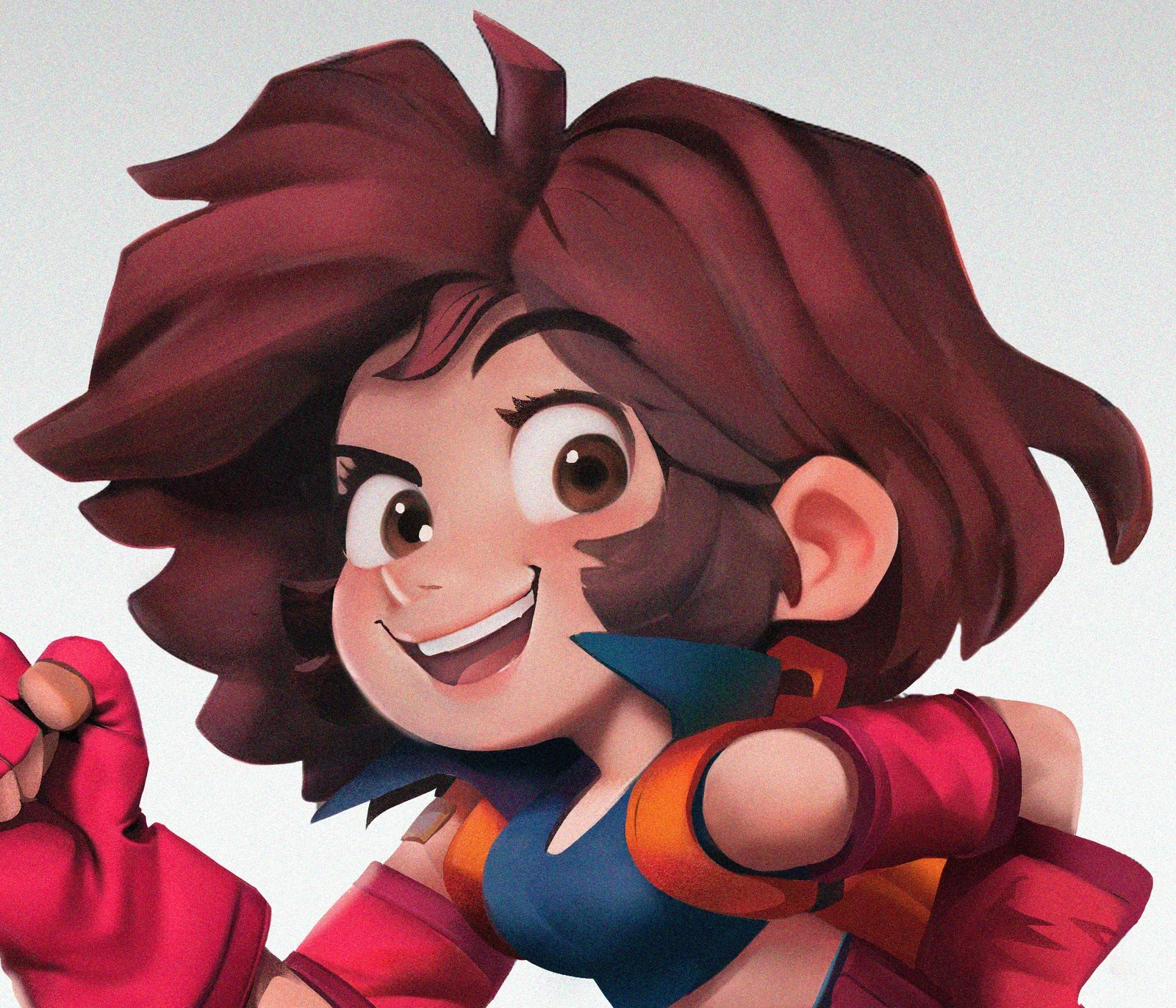 Face/upper torso close-up; expression, hair volumes, collar accent.