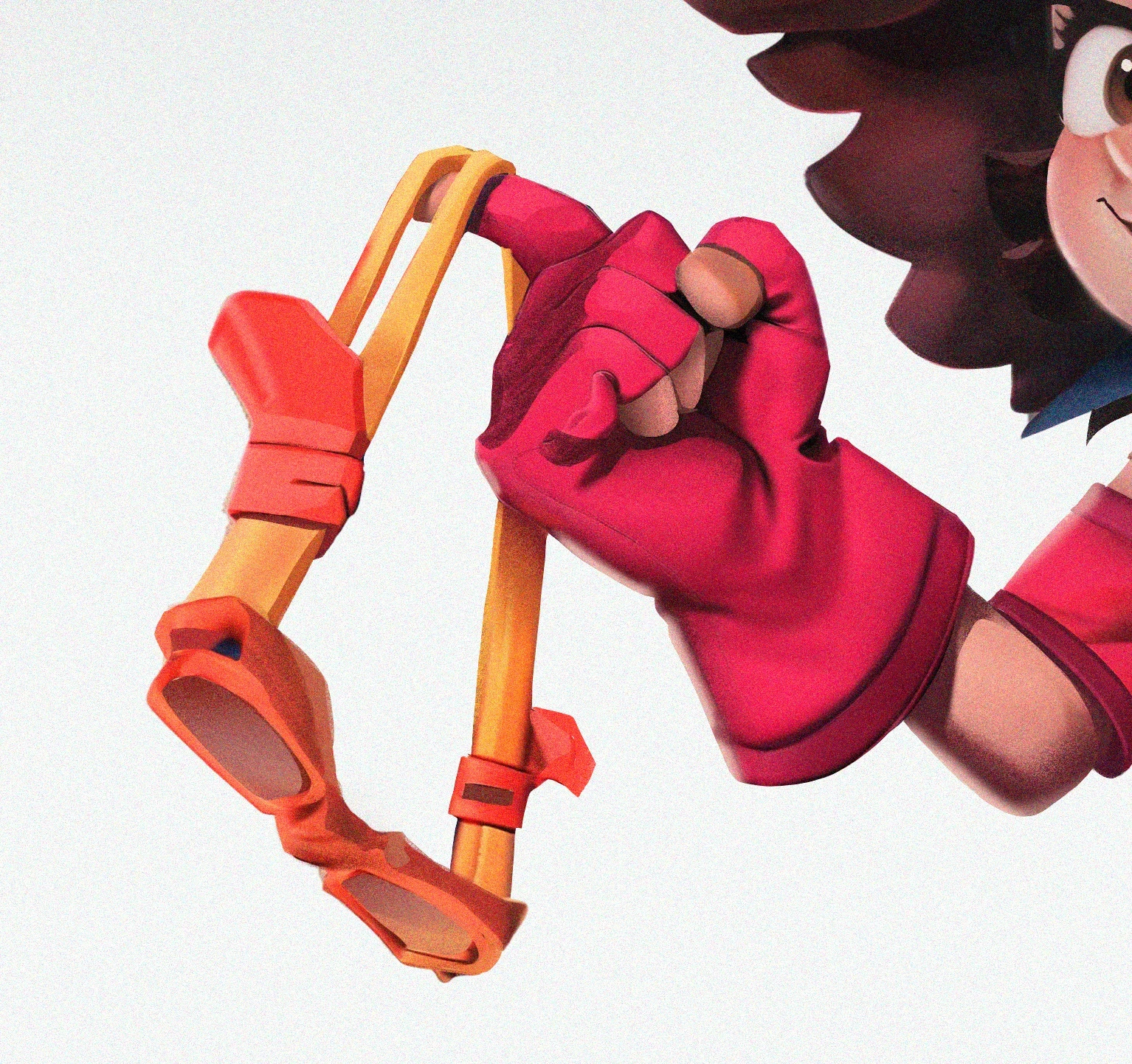 Gloved hand holding strapped goggles; materials and edge control.