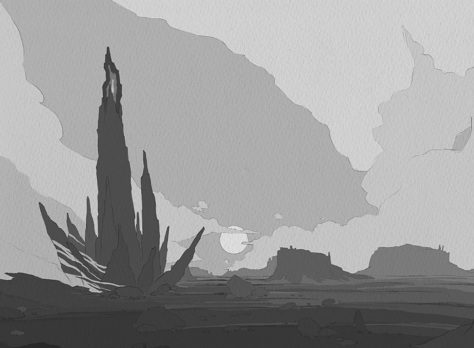 Value Study
I blocked in values to define the depth of the image and to check how the focal points and atmosphere were working together.