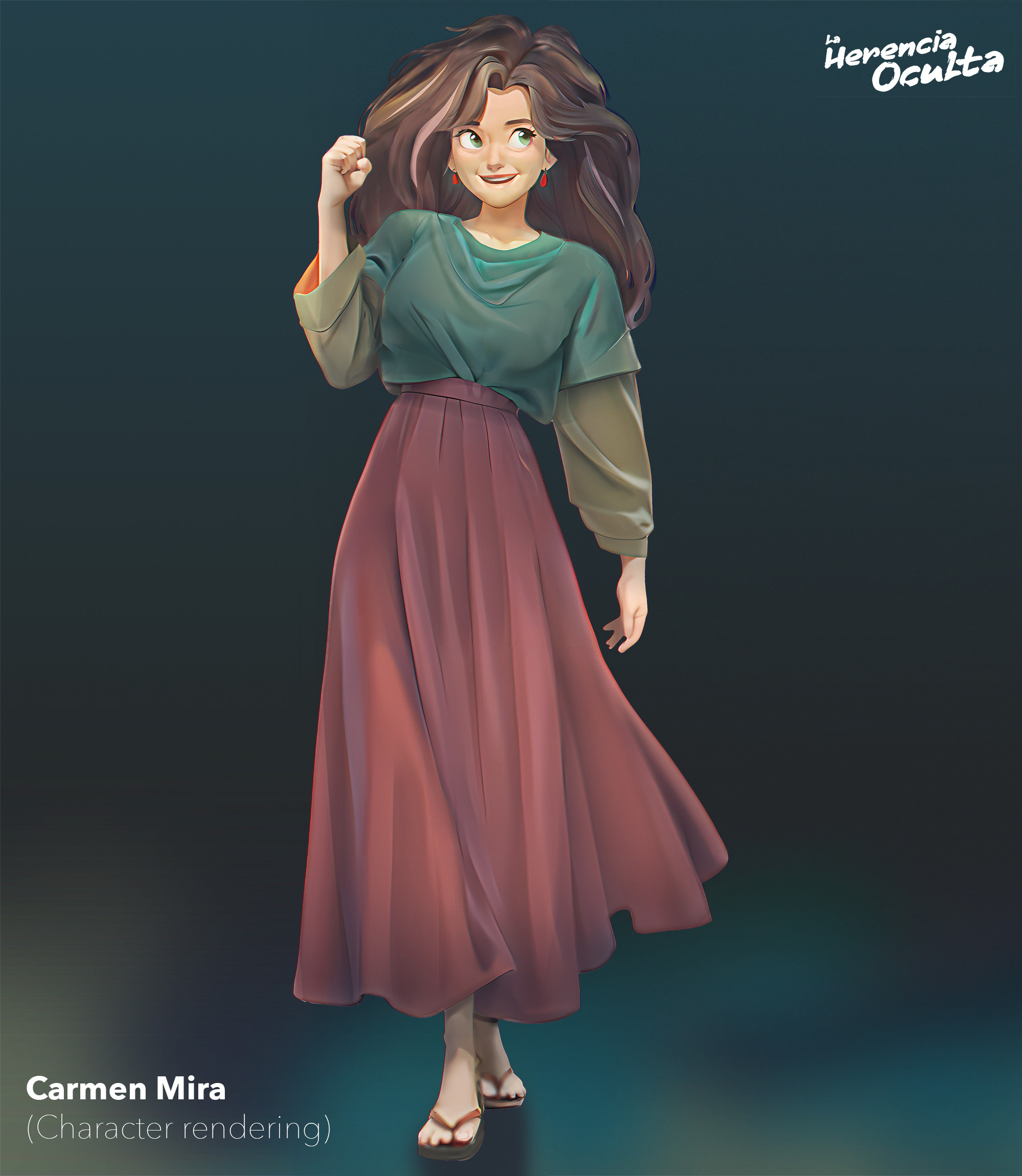  Carmen Mira, gentle pose and airy skirt motion; layered fabrics and soft SSS on skin for a warm, grounded feel. 