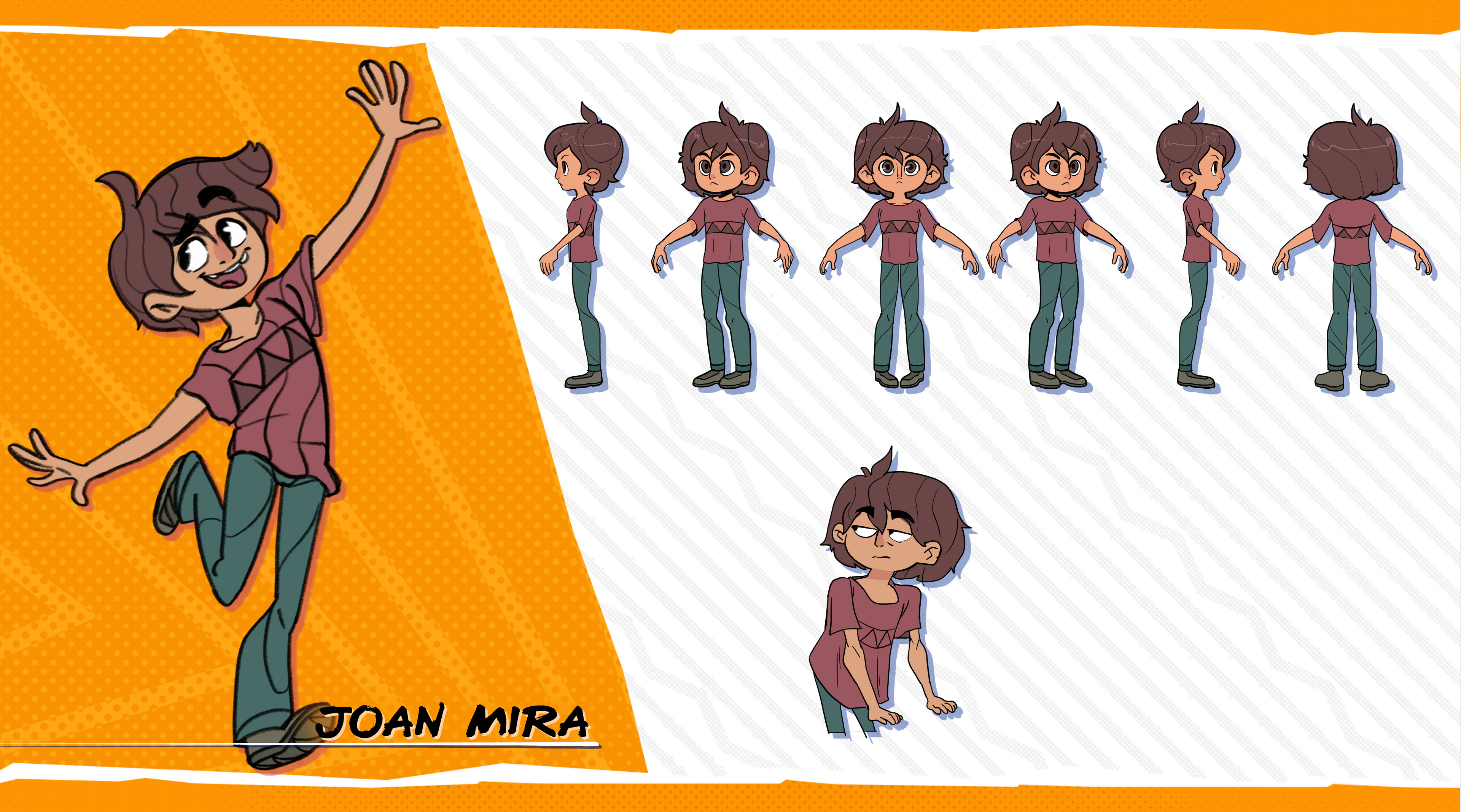  Joan (child) 7-angle turnaround + alt pose; wave/flame silhouette language; simplified forms for animation readability.