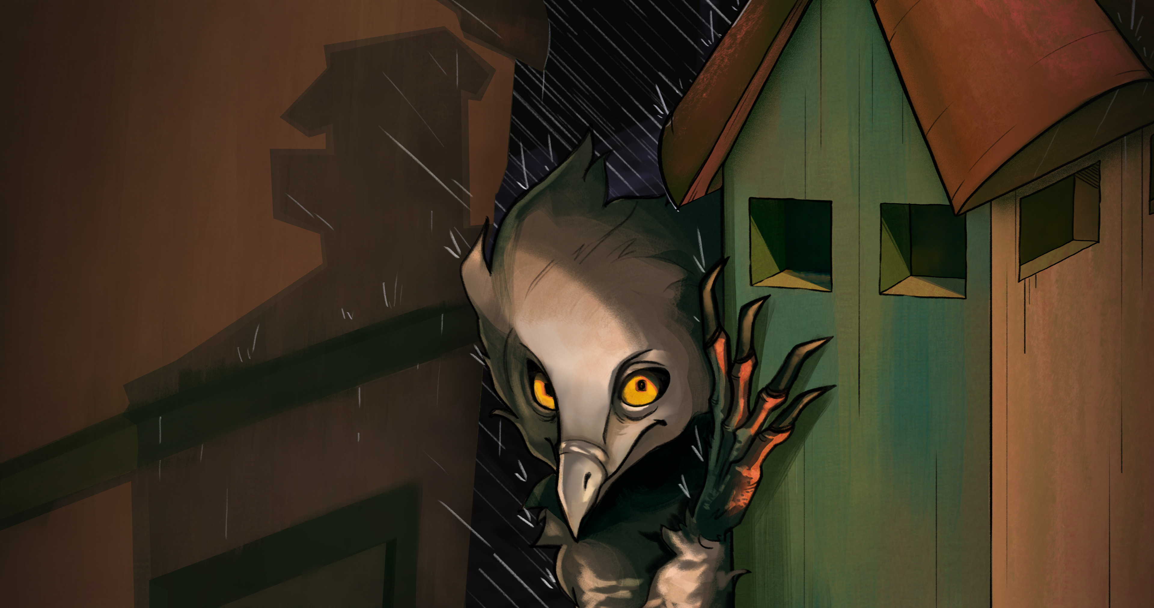  Quarantamaula peeks from a corner; hard rim + rain streaks boost threat readability. 