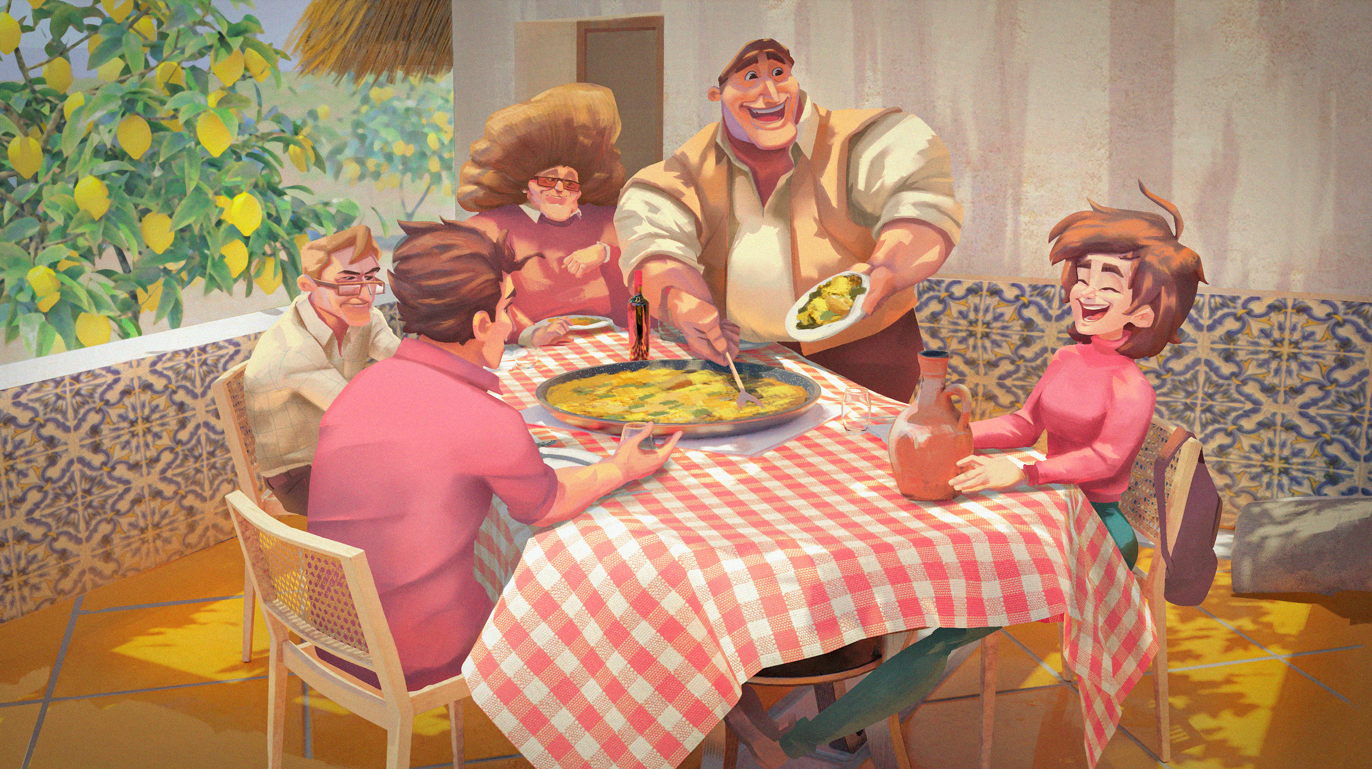 Family lunch illustration; Valencian tiles, lemon trees and tablecloth texture work. 2D+3D.