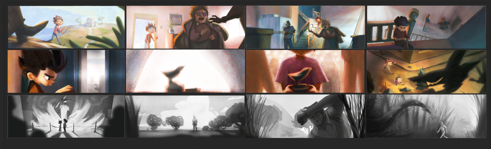 Color-script board showing narrative beats and palette transitions across the sequence.