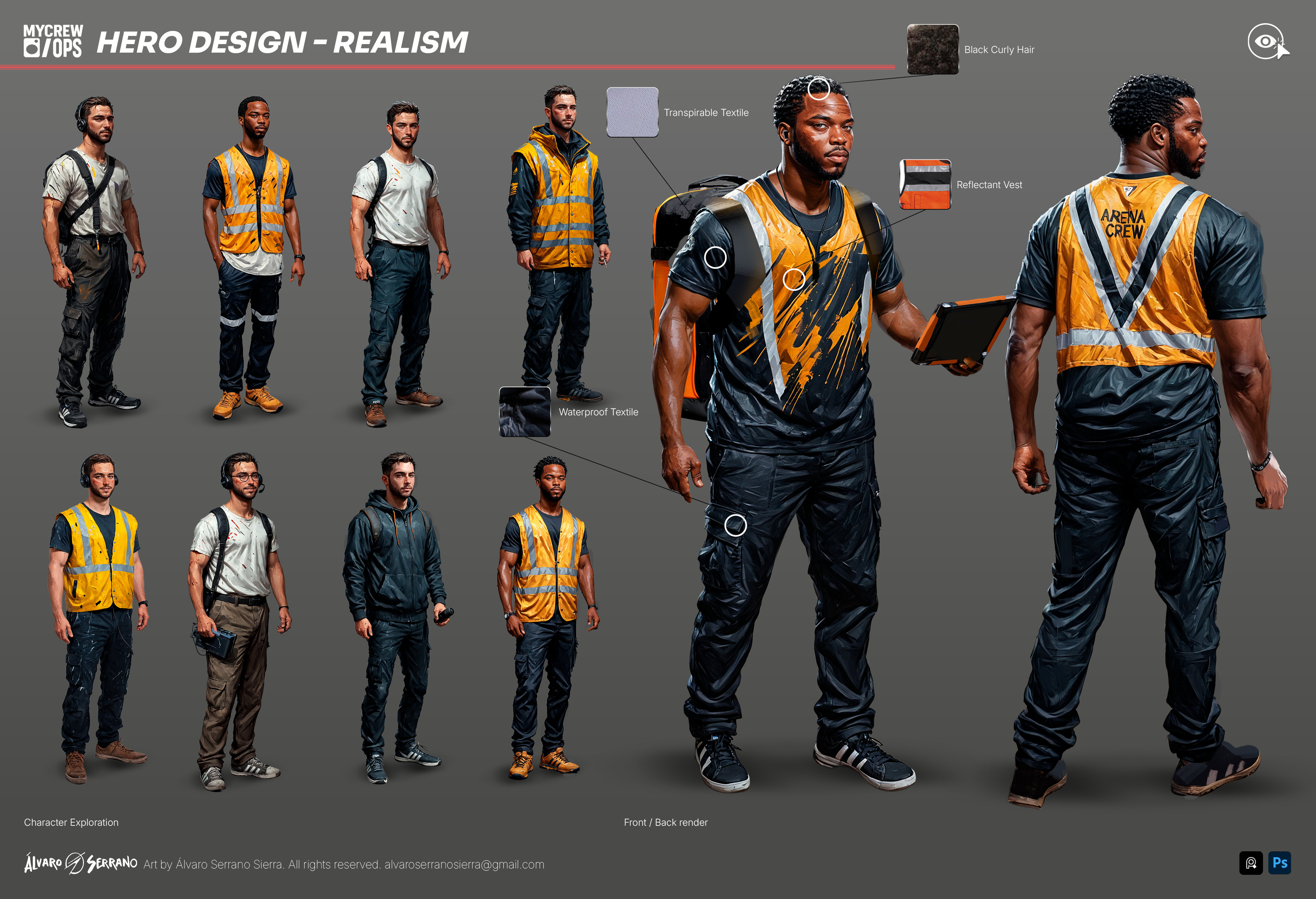 Overview sheet: exploration lineup, material callouts, and front/back renders on neutral grey.