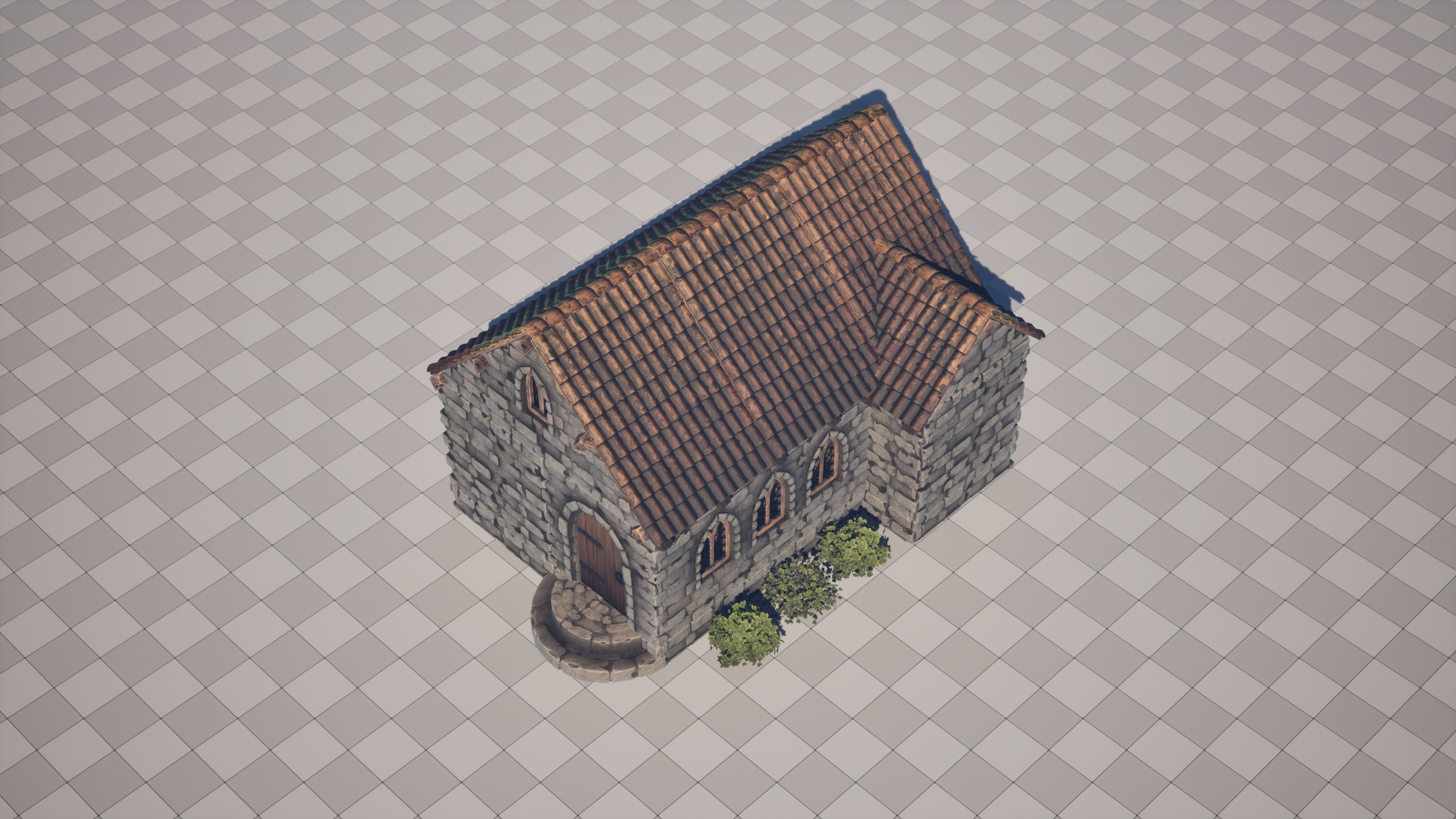 An overhead view that would represent the typical angle and distance of the gameplay camera.