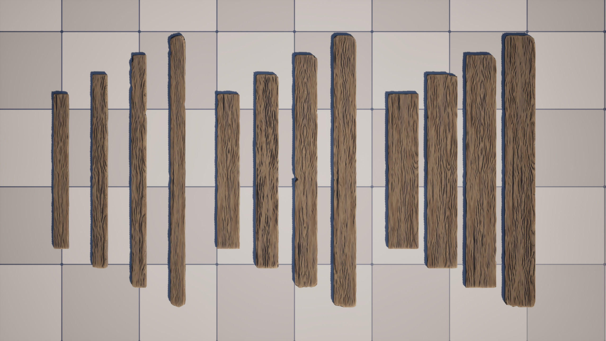 Procedurally modeled and textured wood flooring planks of various sizes.