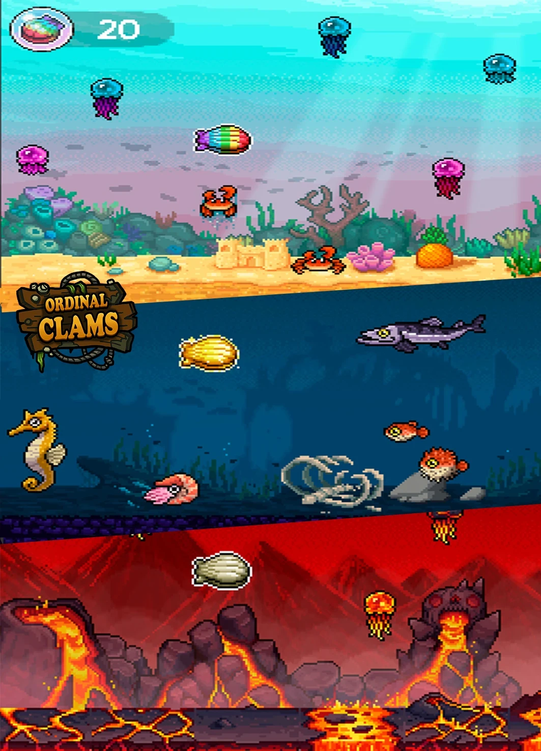 1st lvl - Shallow Waters
2nd lvl - Deep Ocean
3rd lvl - Volcanic Waters