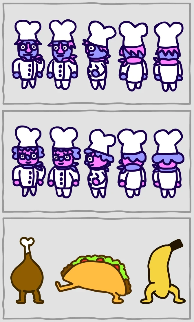 The final playable characters and enemies. The middle one is playable in the co-op mode.