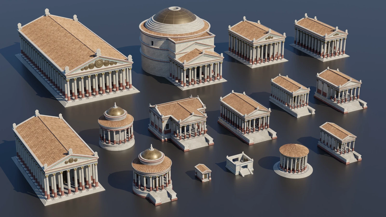 Closer view to the temples included in the pack. Most of them are based on their real counterparts.