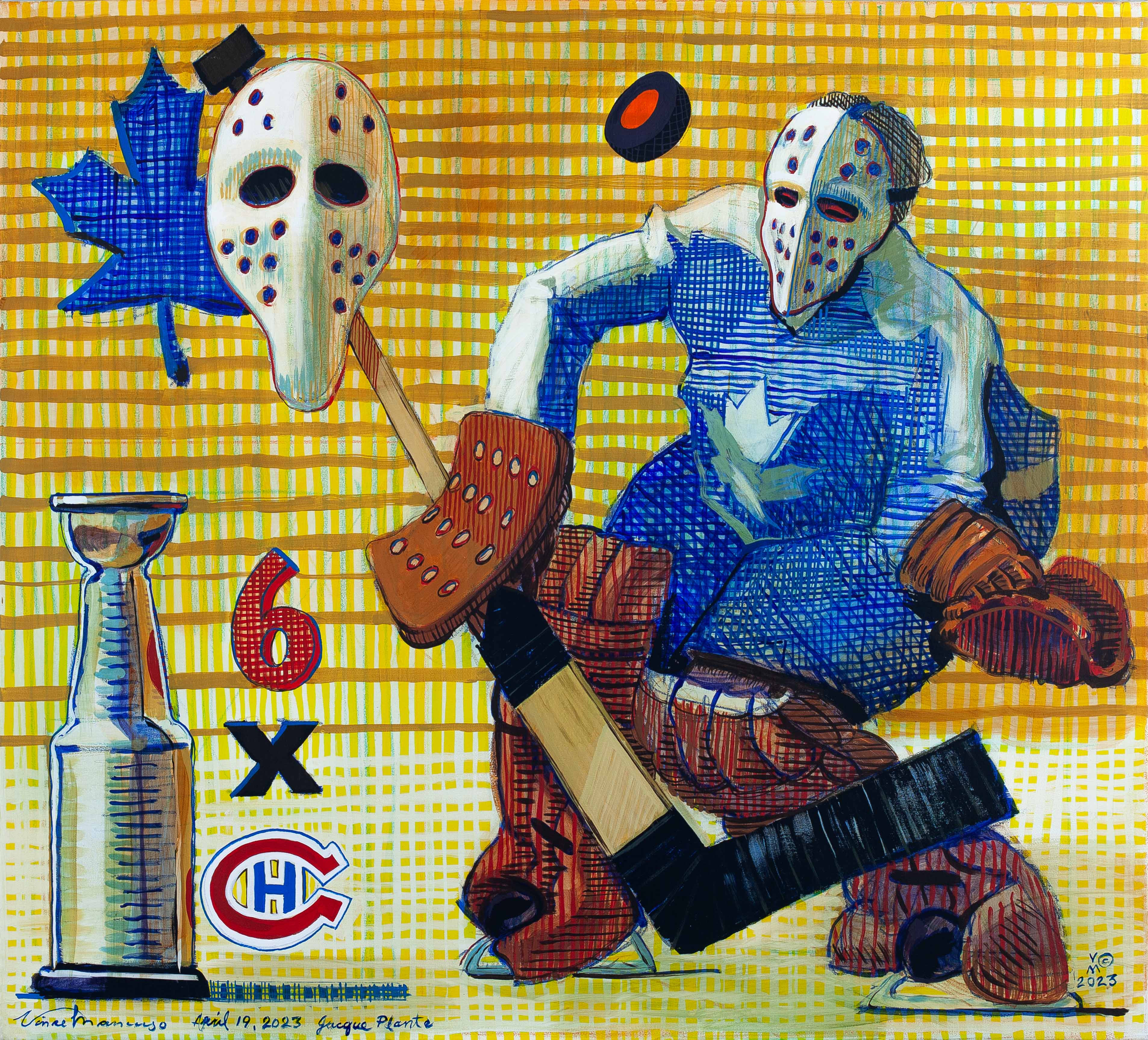 2023, JACQUE PLANTE, from the Sacred Goalies series, 36X40 inches, acrylic on canvas.