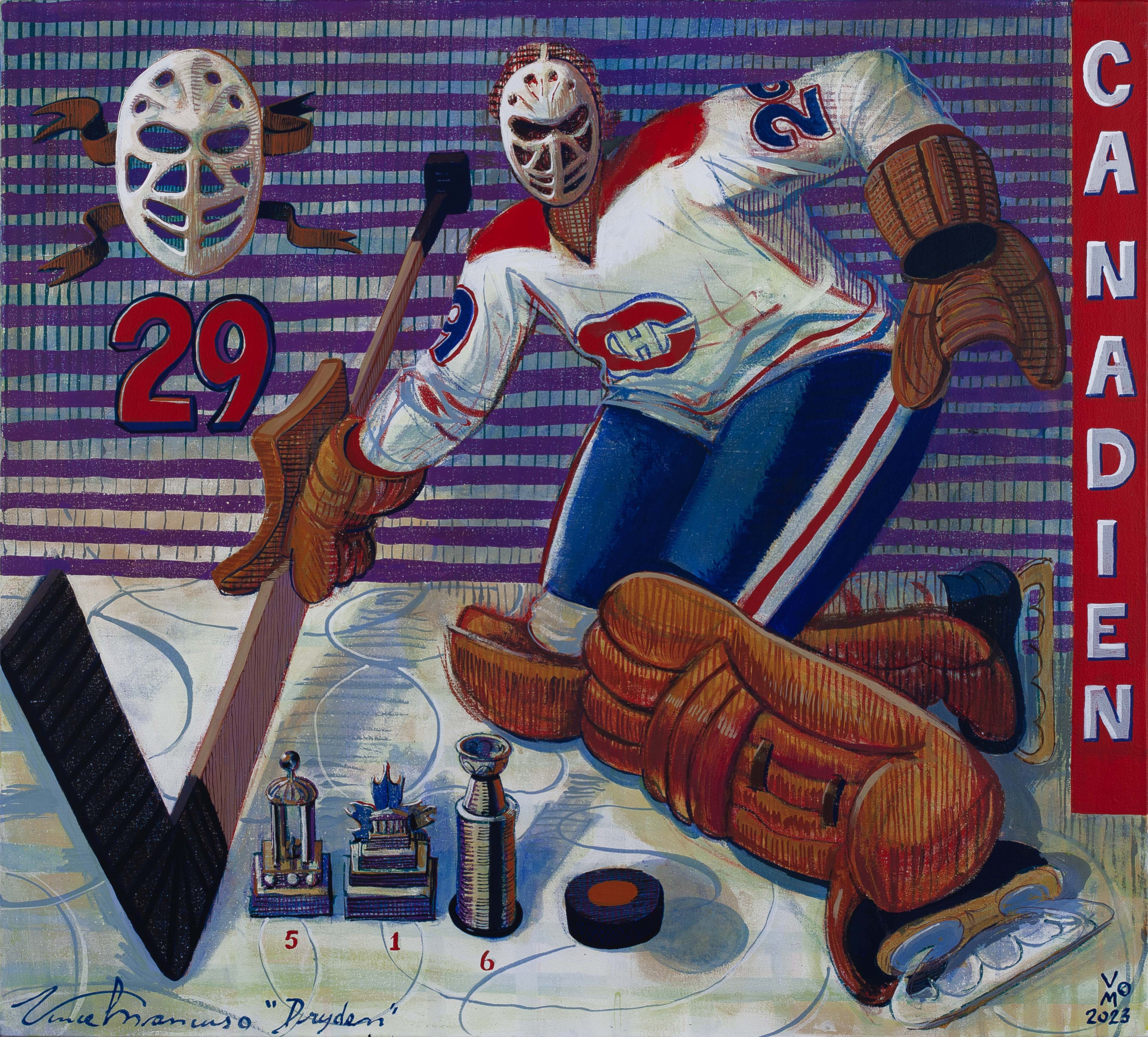 2023, KEN DRYDEN, from the Sacred Goalies series, 36X40 inches, acrylic on canvas.