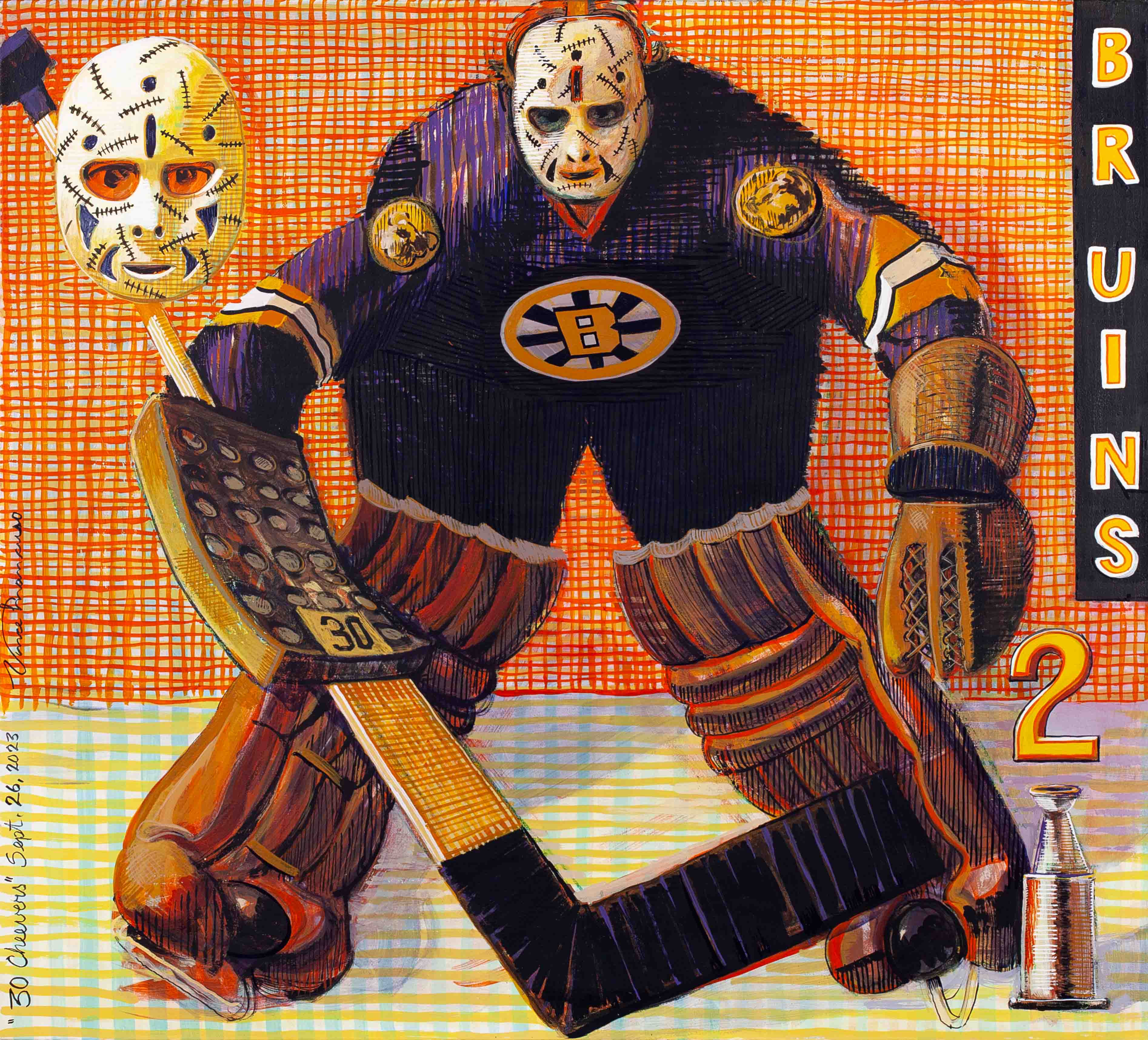 2023, Gerry Cheevers, from the Sacred Goalies series, 36X40 inches, acrylic on canvas.