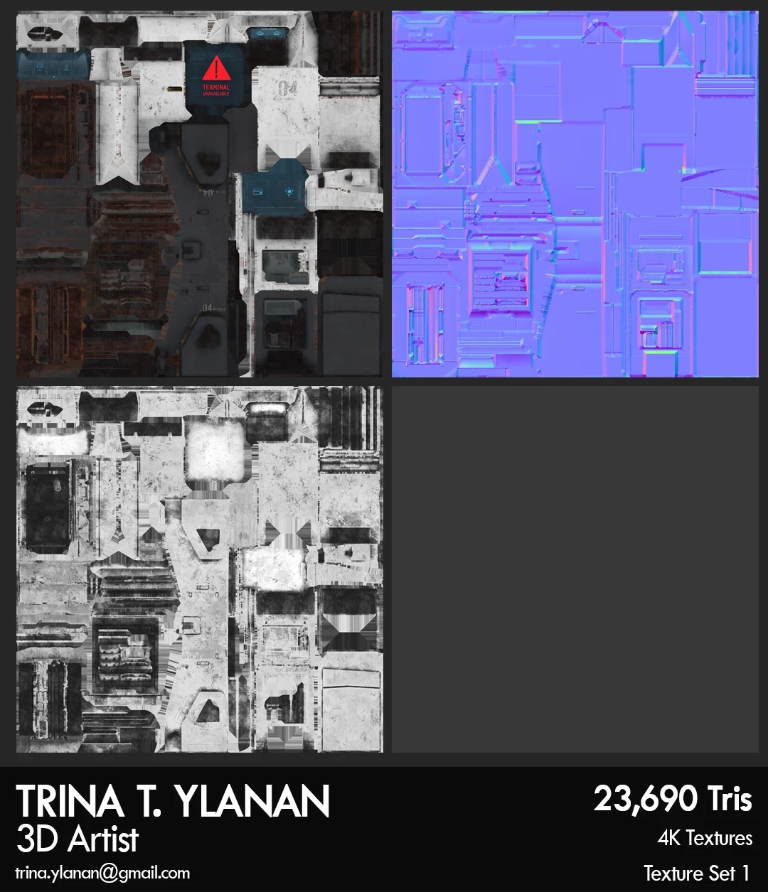 Maps for Set 1 (Diffuse, Normal, Gloss, and Specular) This set consists of the parts of the terminal with a screen.