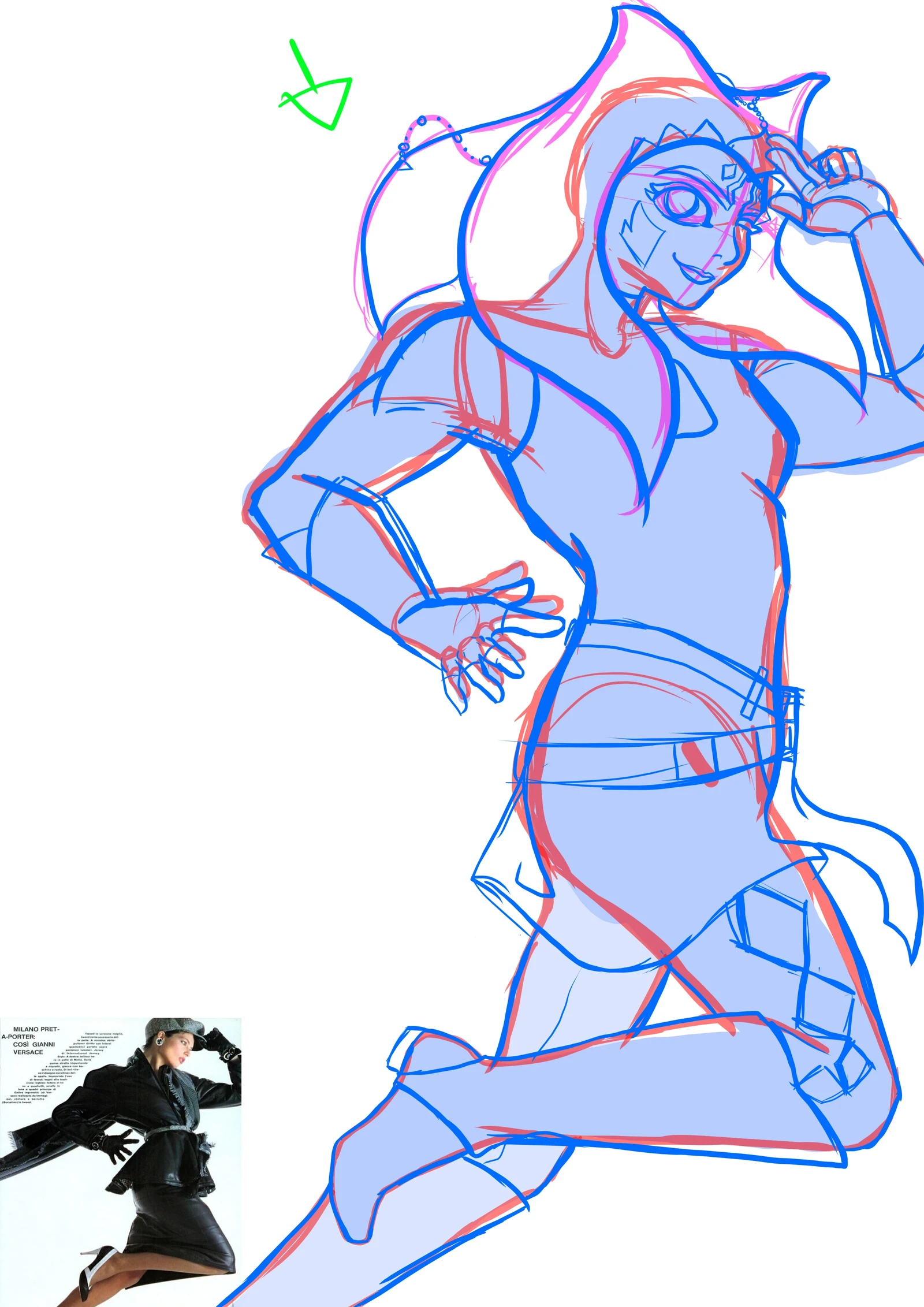 This is the sketch with the reference pic included. The sketch process in this piece was a blue blockout done in 5 minutes with more detailed, stylised sketches drawn overtop.