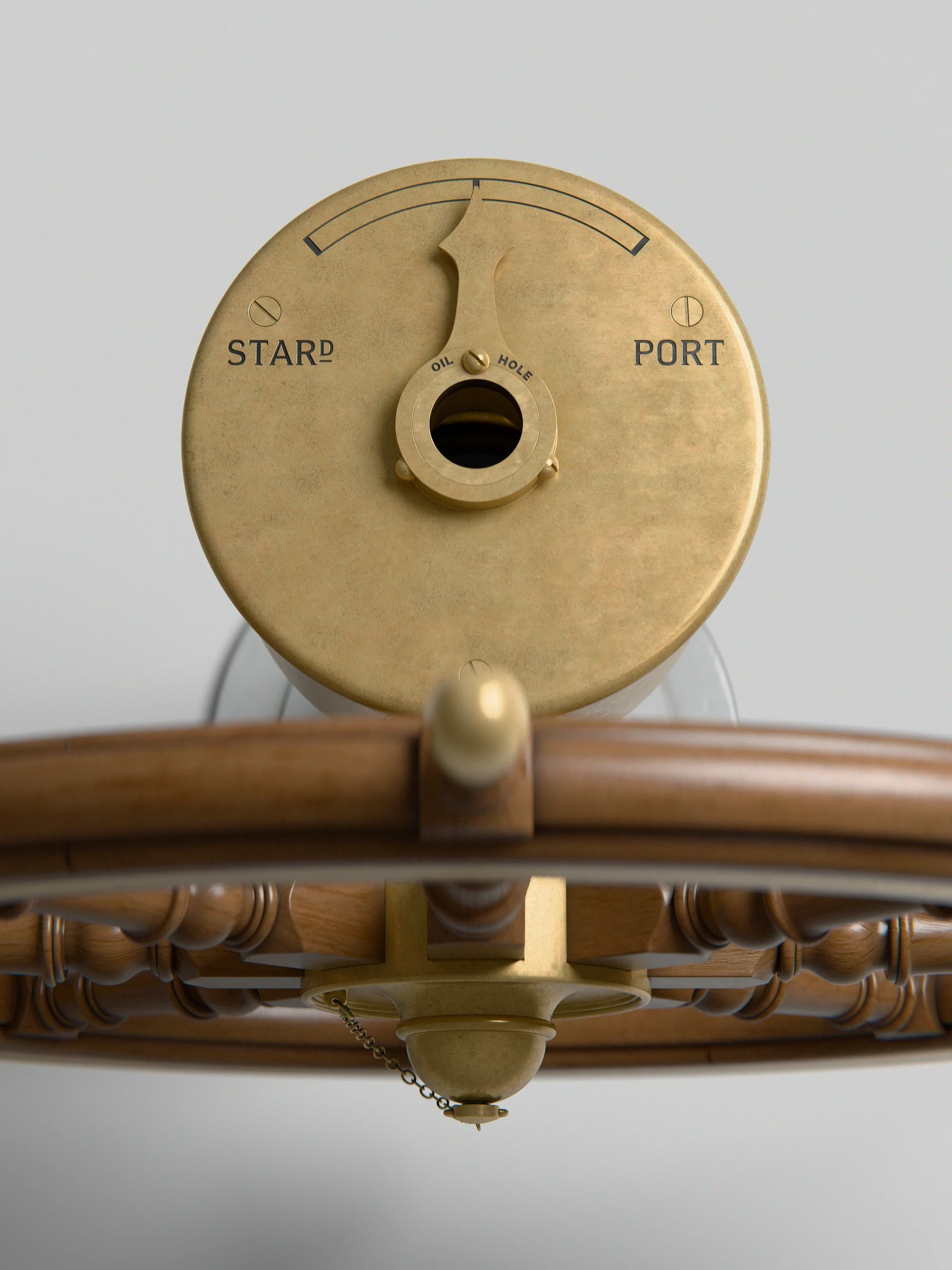 Top of pedestal as seen on RMS "Titanic", with "Starboard" and "Port" incisions inverted.
In the center there would be a shaft that connects this wheel to the main telemotor.