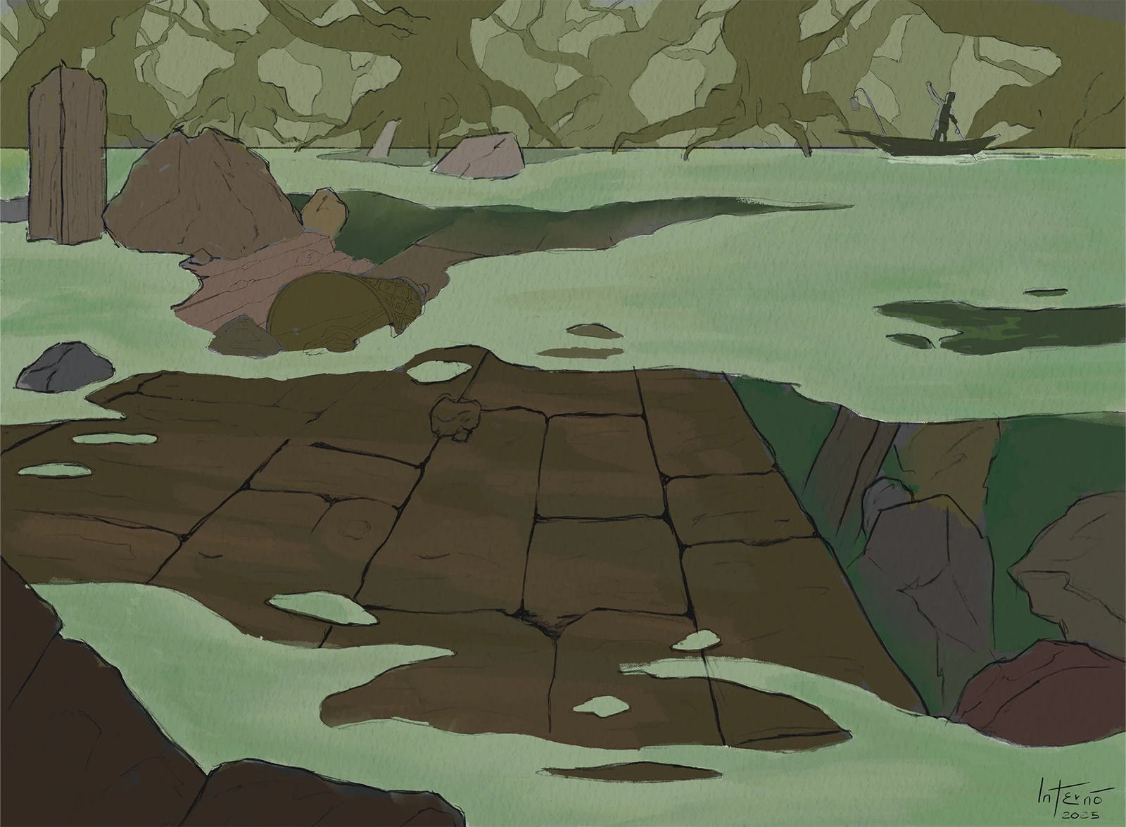 Flat Colors

Laid down the base tones: muted greens and browns of the mire, cold water reflections, and the weathered bronze of the bell.