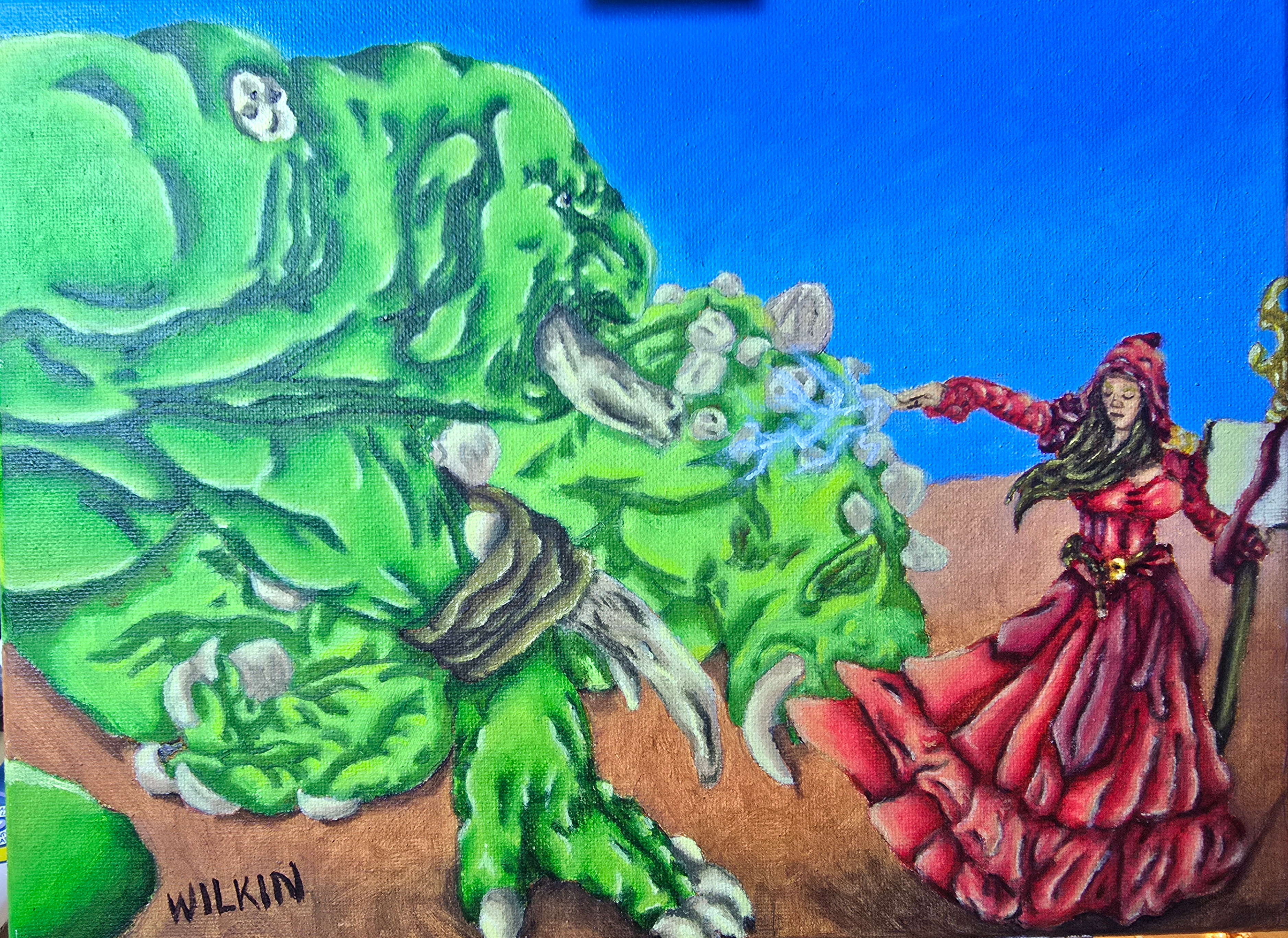 Mage fighting trolls.