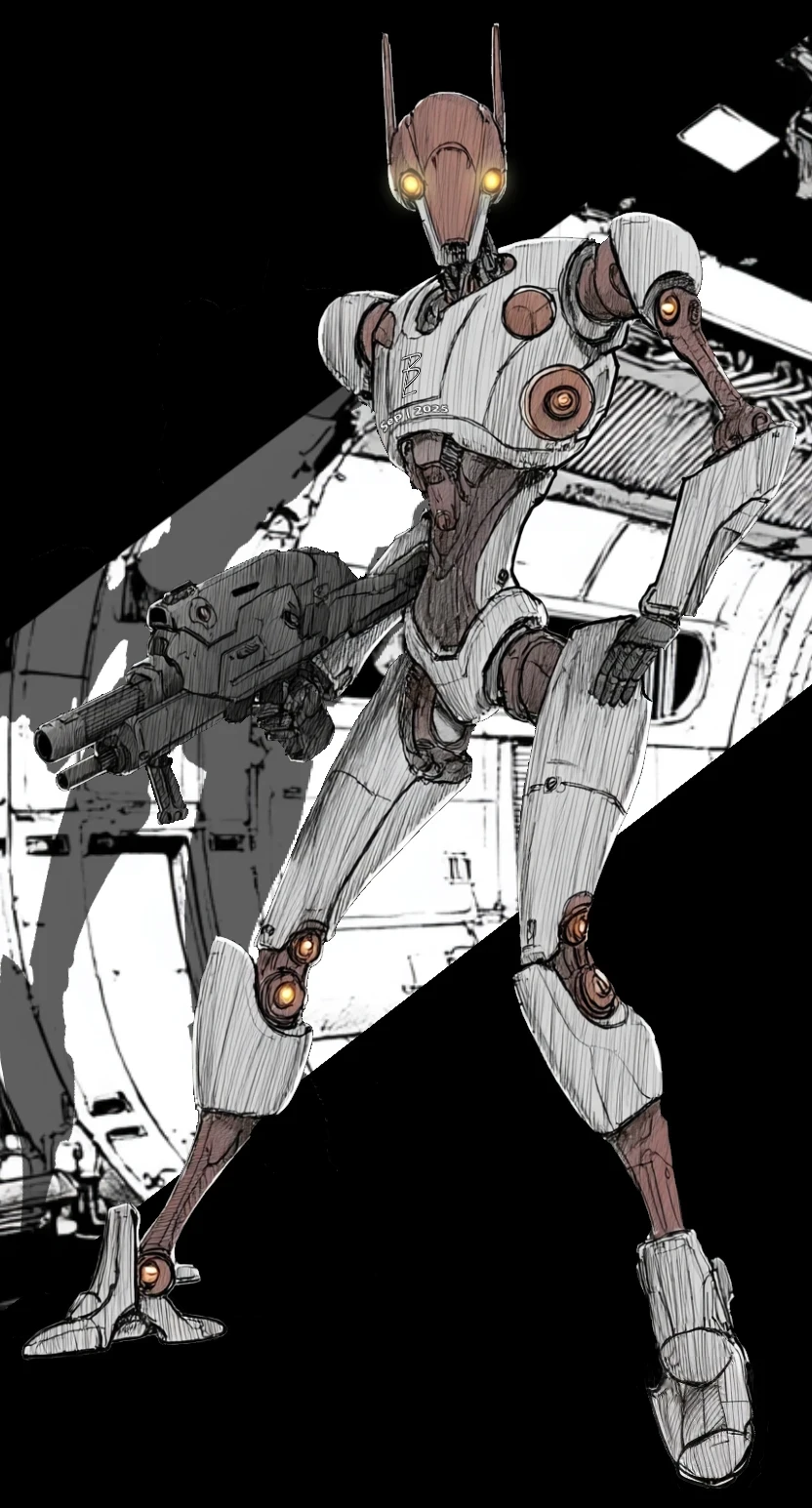 This would be version three for a friend, KolbeinnTDK, on discord of a Star Wars battle droid. I drew a background and made it and the shadow transparent. The used a mesh tool to try and bend the shadow to the curved wall.