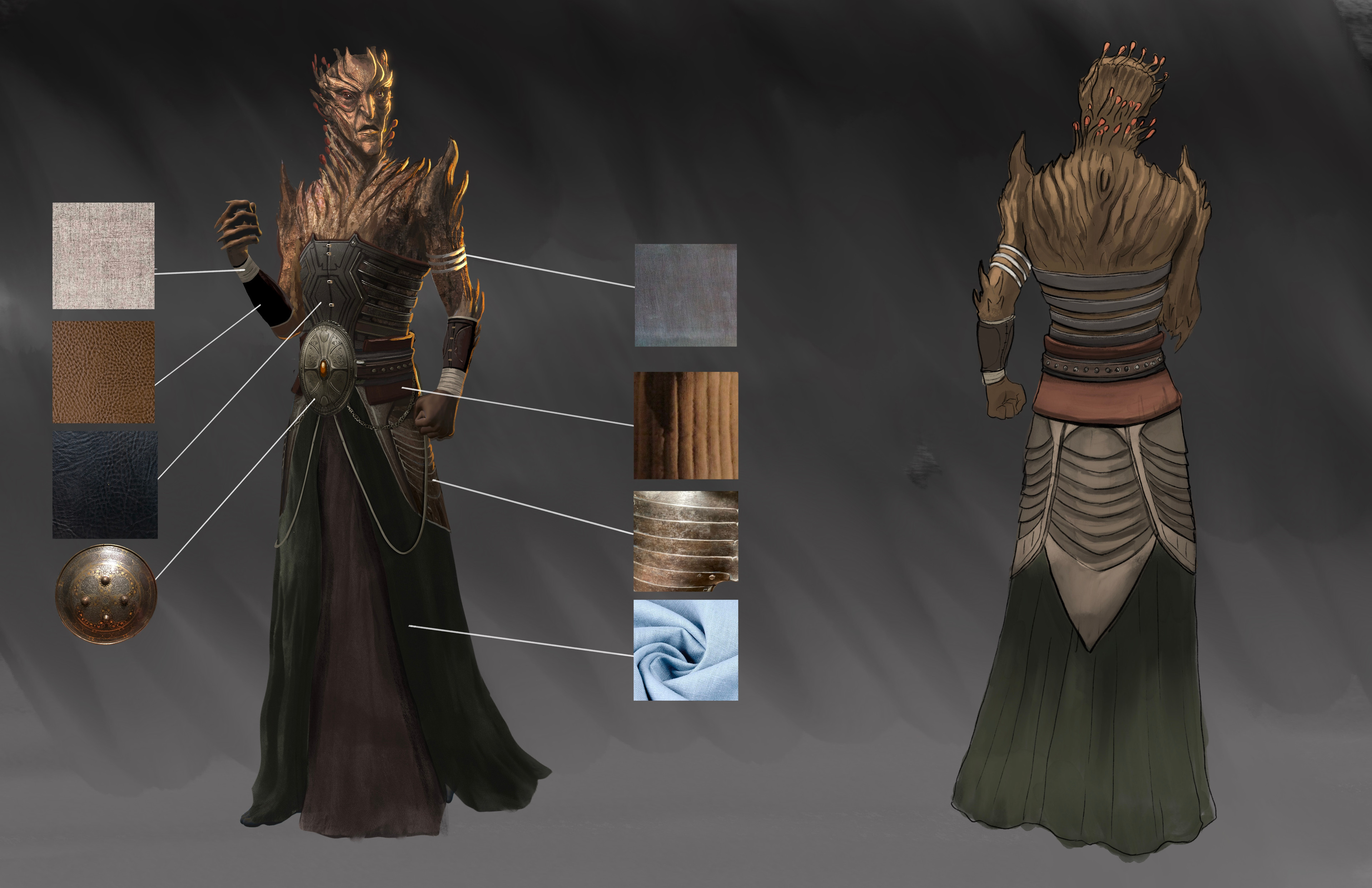 Rear view and material callouts for the “robes” outfit