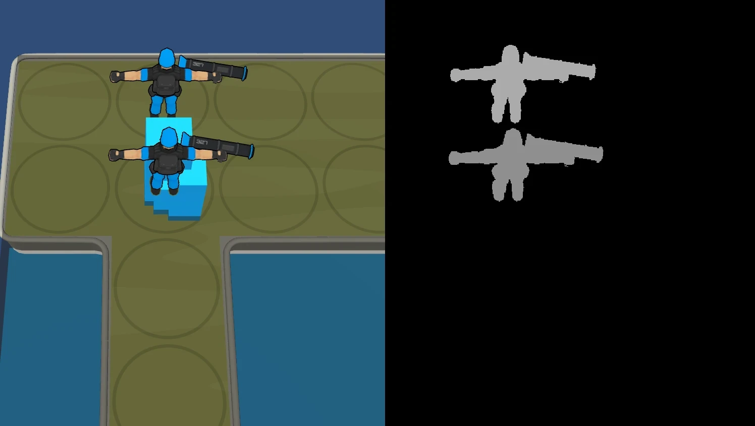 I made a system for sorting objects on a 3D grid. I wanted units on top of buildings - I couldn't use ZTest Always because objects behind buildings would draw on top. Units and buildings are drawn a shade of gray to a sorting buffer to compare.
