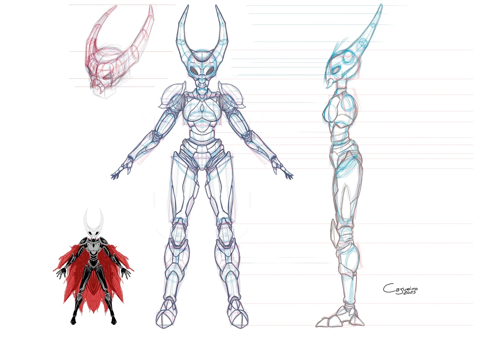 This was the initial sketch, first creating a silhouette. Then the detailed construction of the character's main features and proportions.