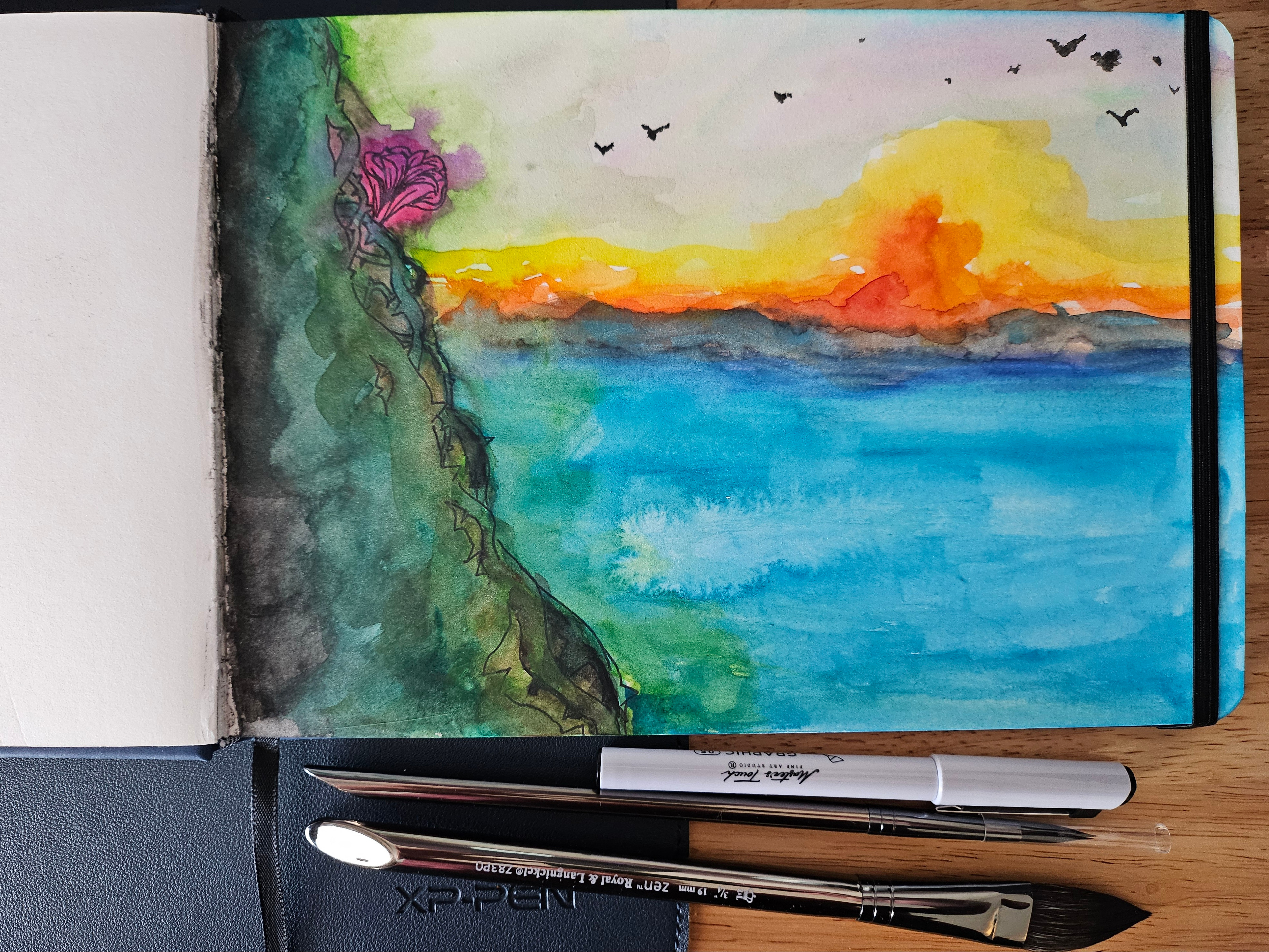 Sunset, watercolor on paper