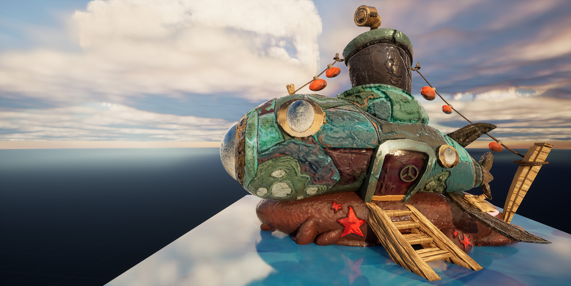 3d model of stylized submarine, textured in substance painter, and rendered in UE5