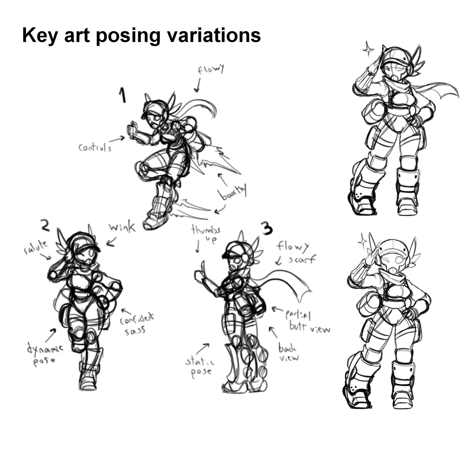 Final Character Illustration posing variants and sketches.