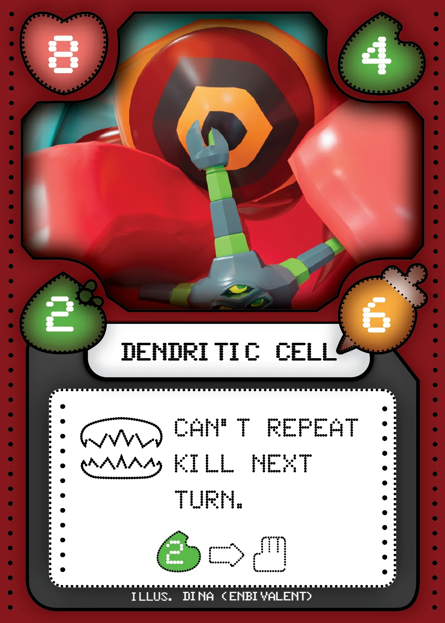 Variant of preliminary card design featuring Dendritic Cell pulling apart an E. Coli designed by @malarkey-arts on IG and modelled by me