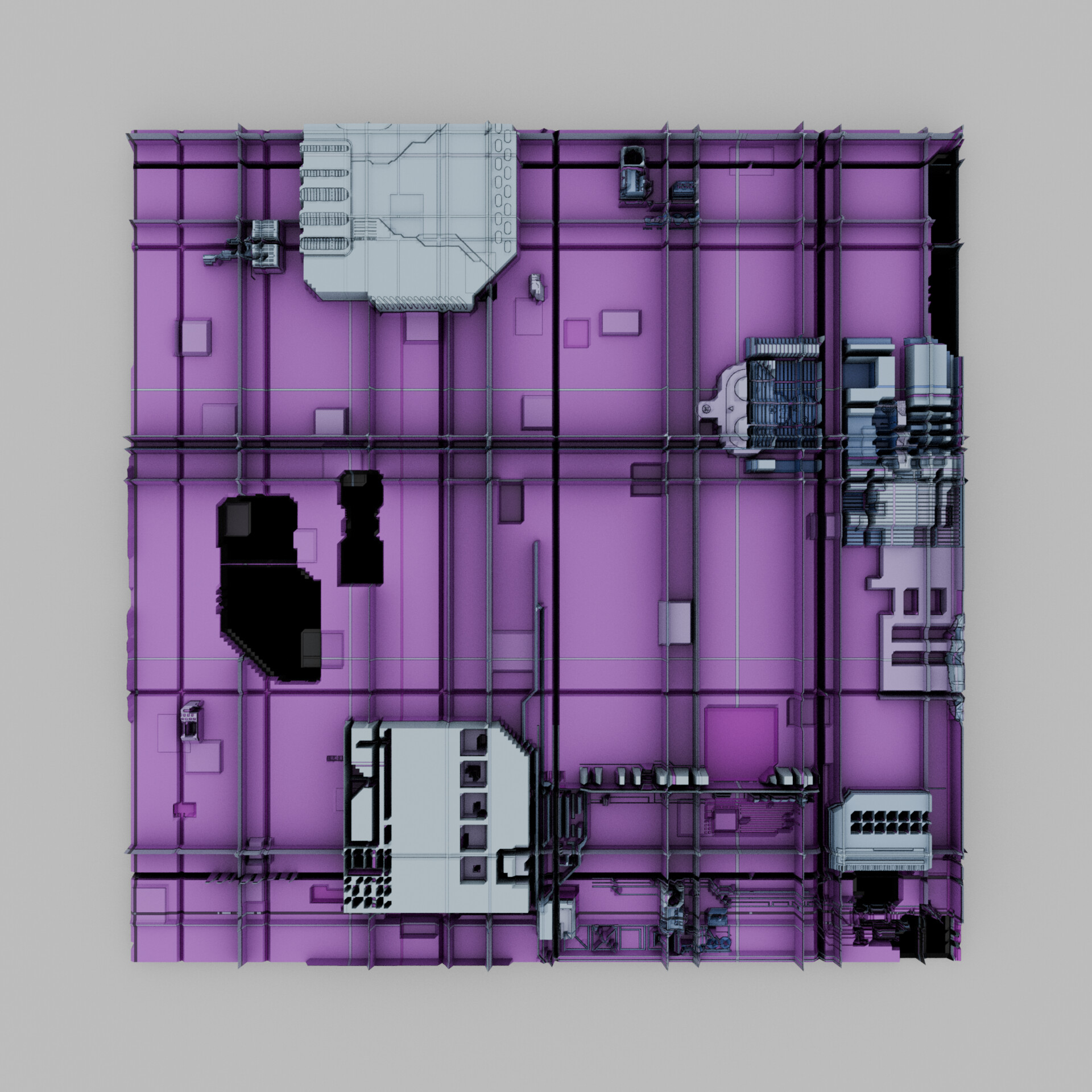 Mechanical and geometric forms stacked with muted industrial colors