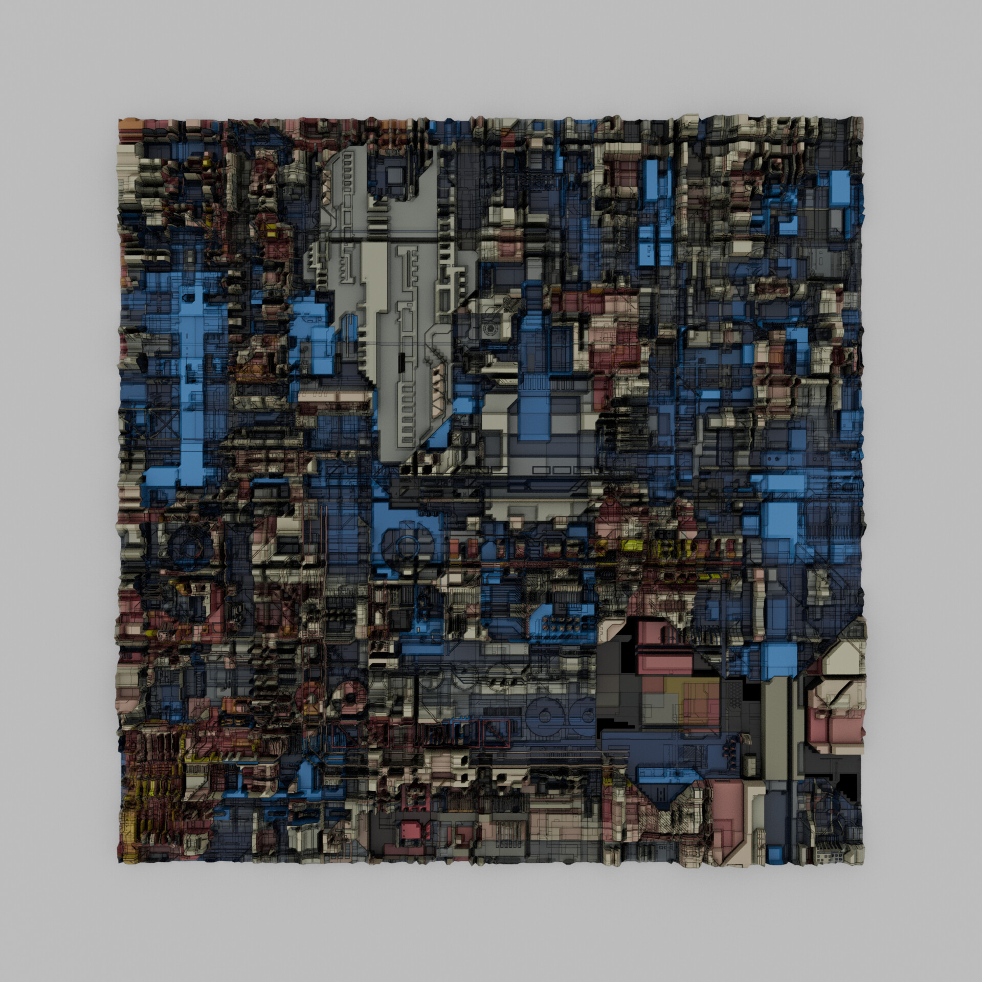 Digital ruins with layered geometry and faded industrial colors