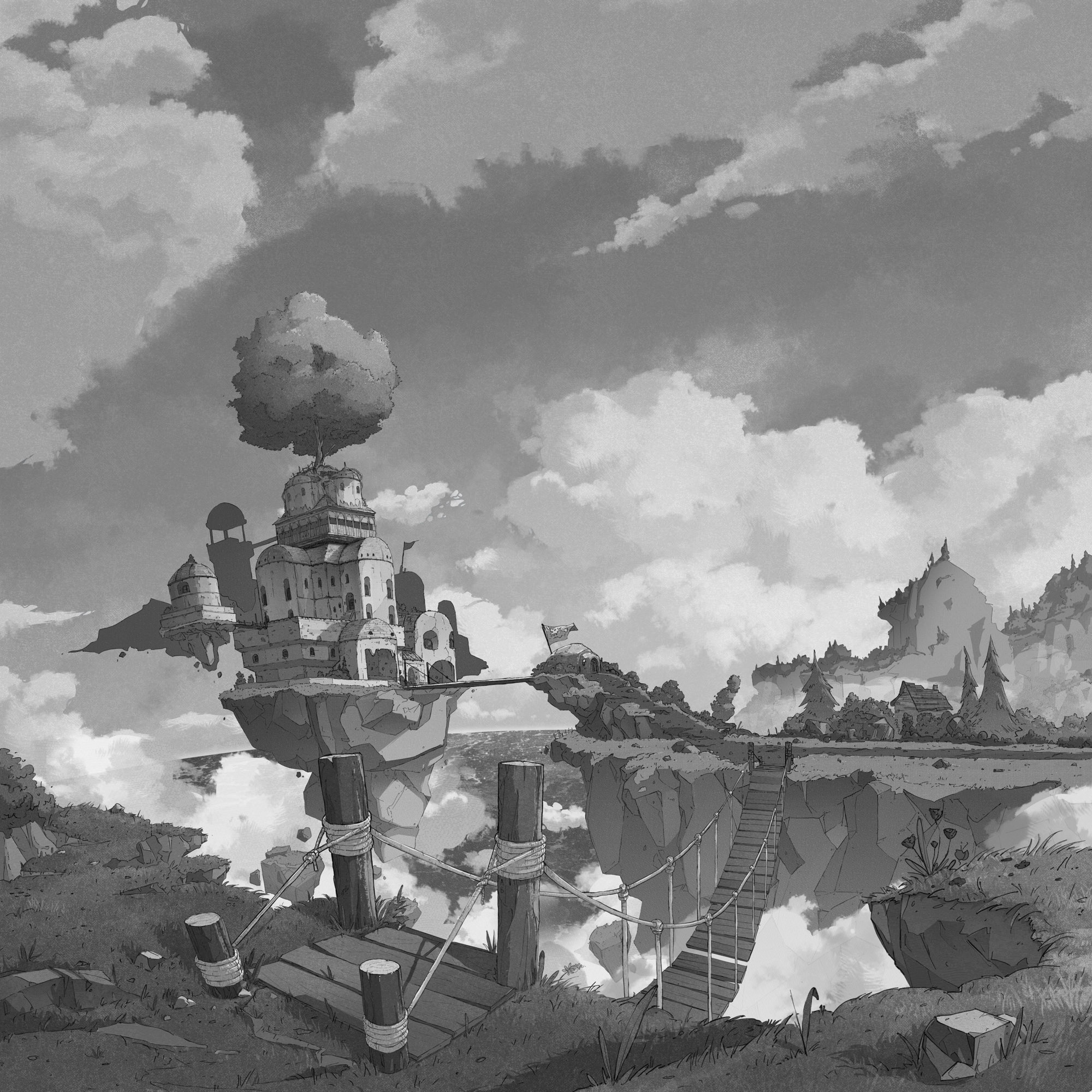 4. I thought maybe try some painterly clouds instead of flat shading, i kinda liked so i added detail and continued with it