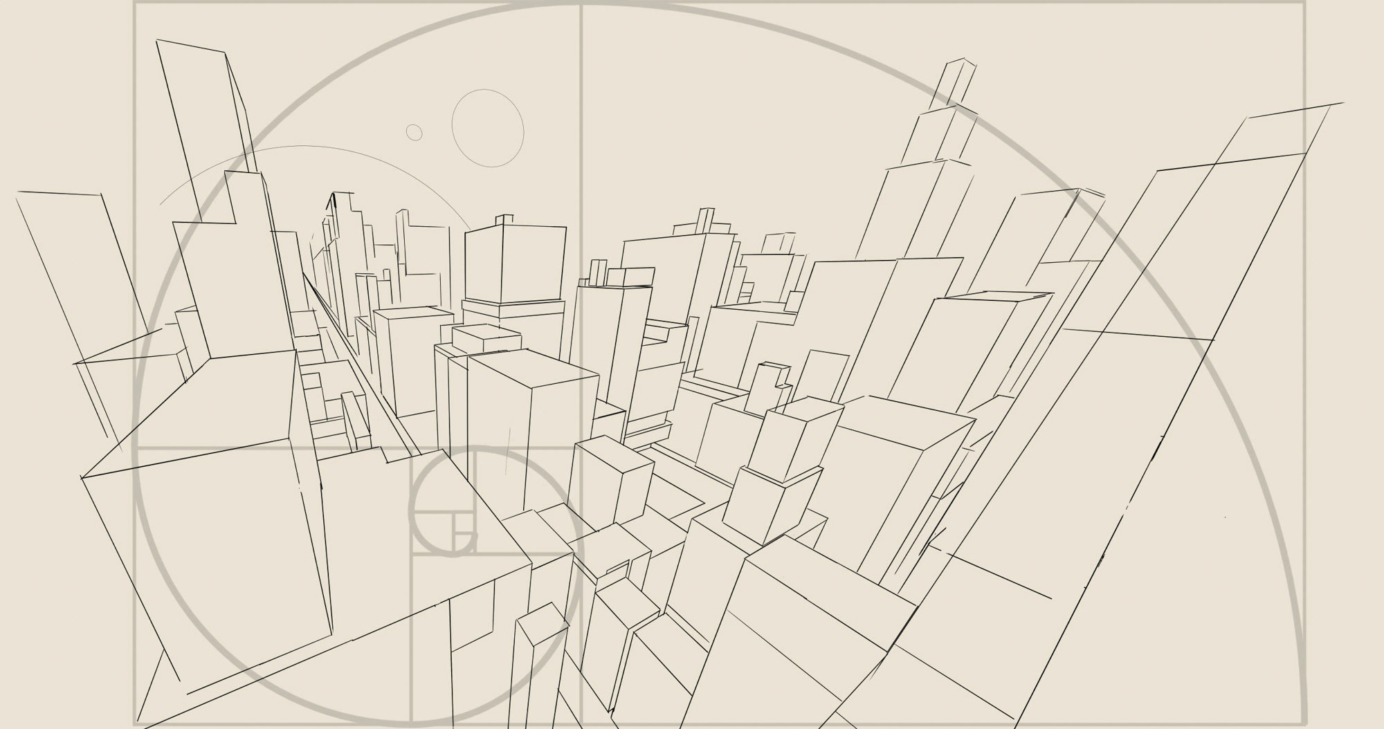 1. Wanted to make a 3 point perspective city layout, so I blocked out an idea
