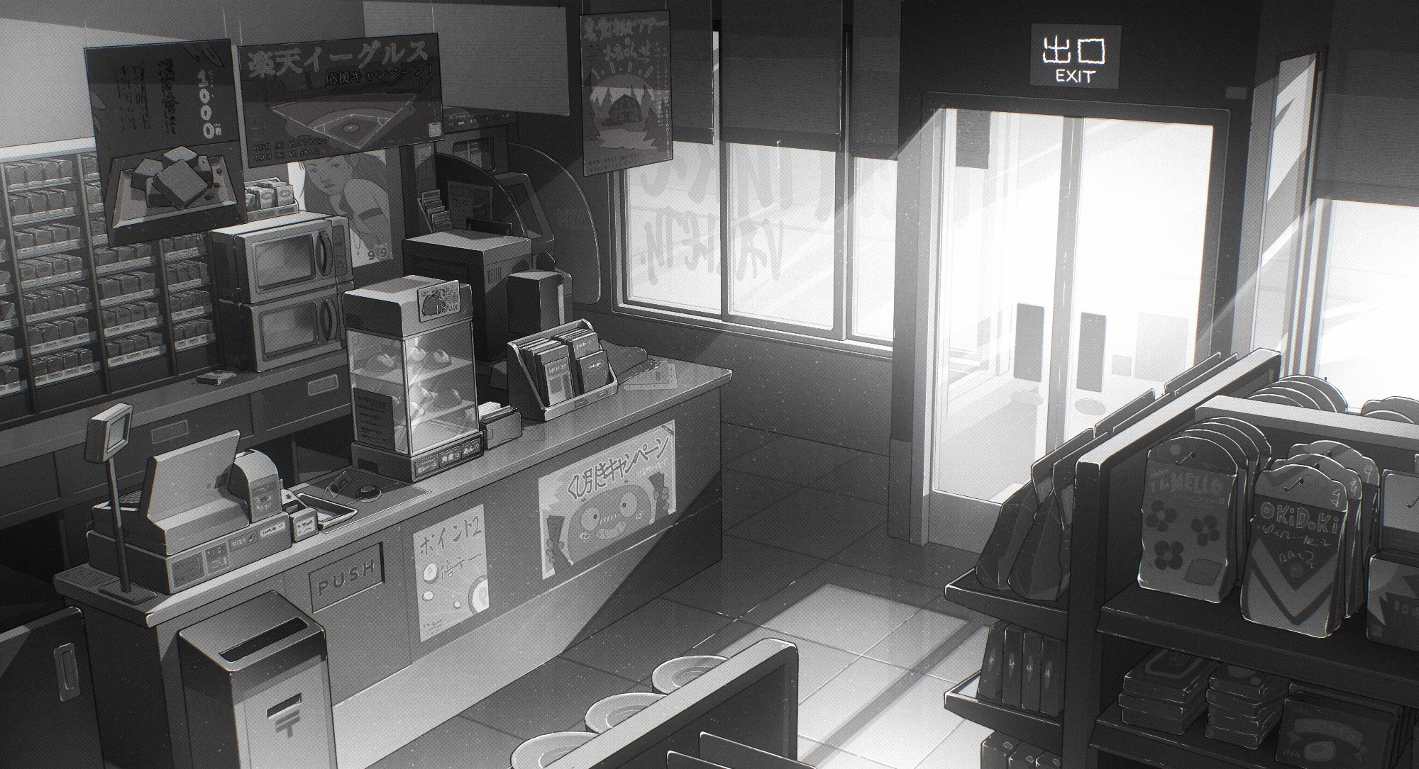 6. This is its current state, I drew some alien blobby/ ghost characters to animate inside the shop, but got carried away with some family things and other layouts, so I guess later lol