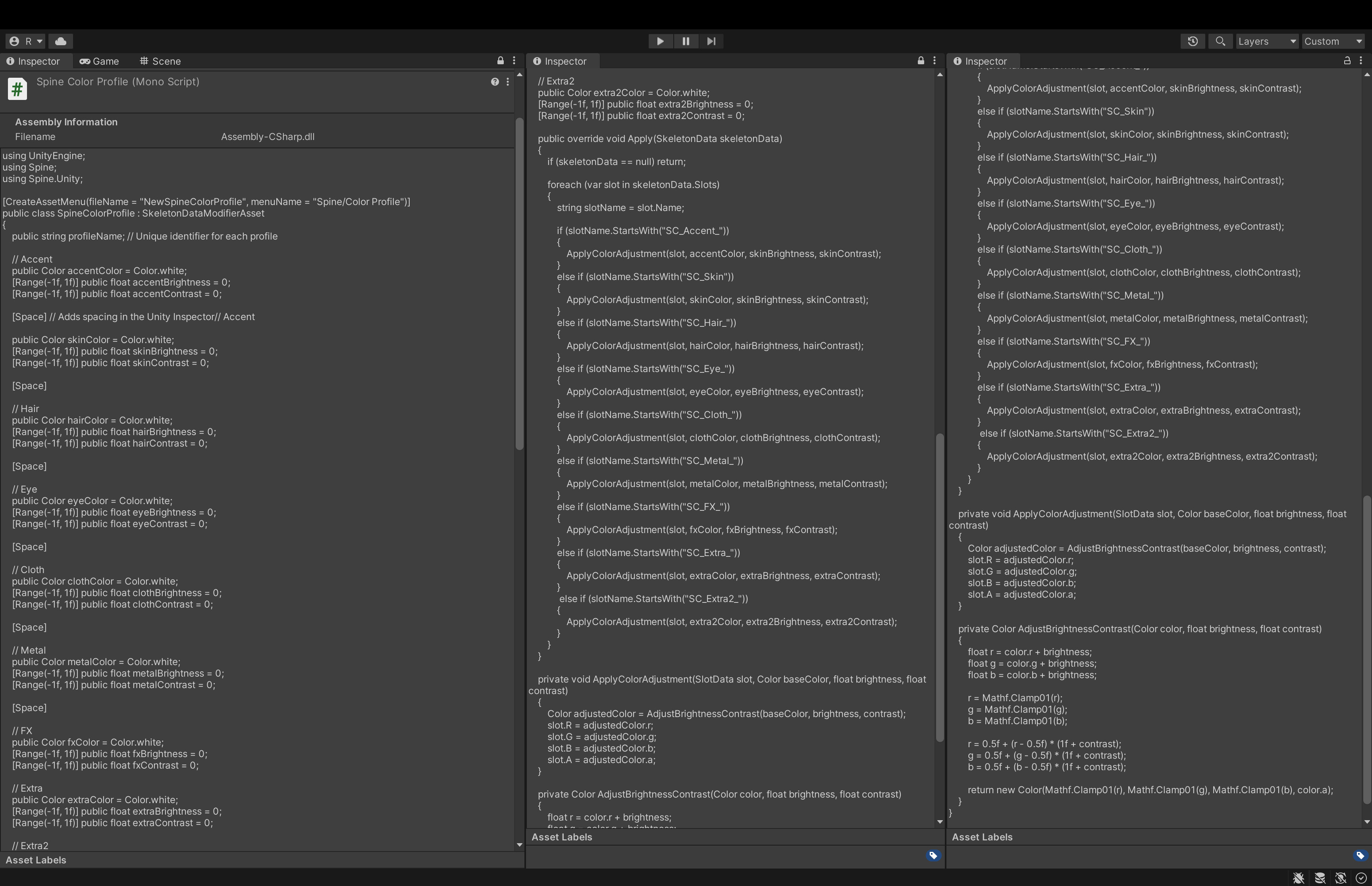 SpineColorProfile.cs :Creates a Unity Scriptable Object menu item. This also exposes the custom color fields in editor.
