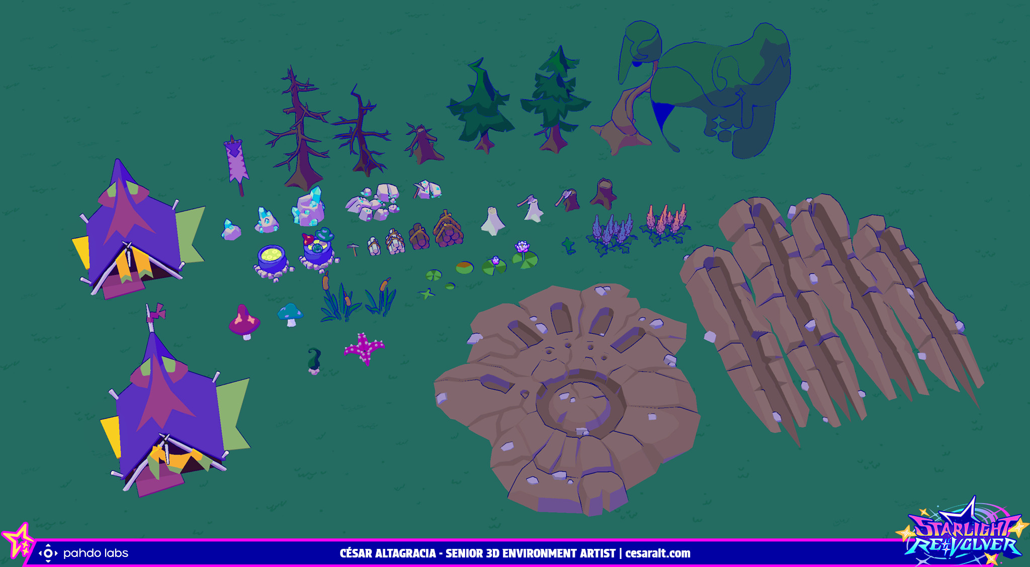 Assorted props, foliage, breakable assets and decoration I modeled for set dressing Sacred Sky.