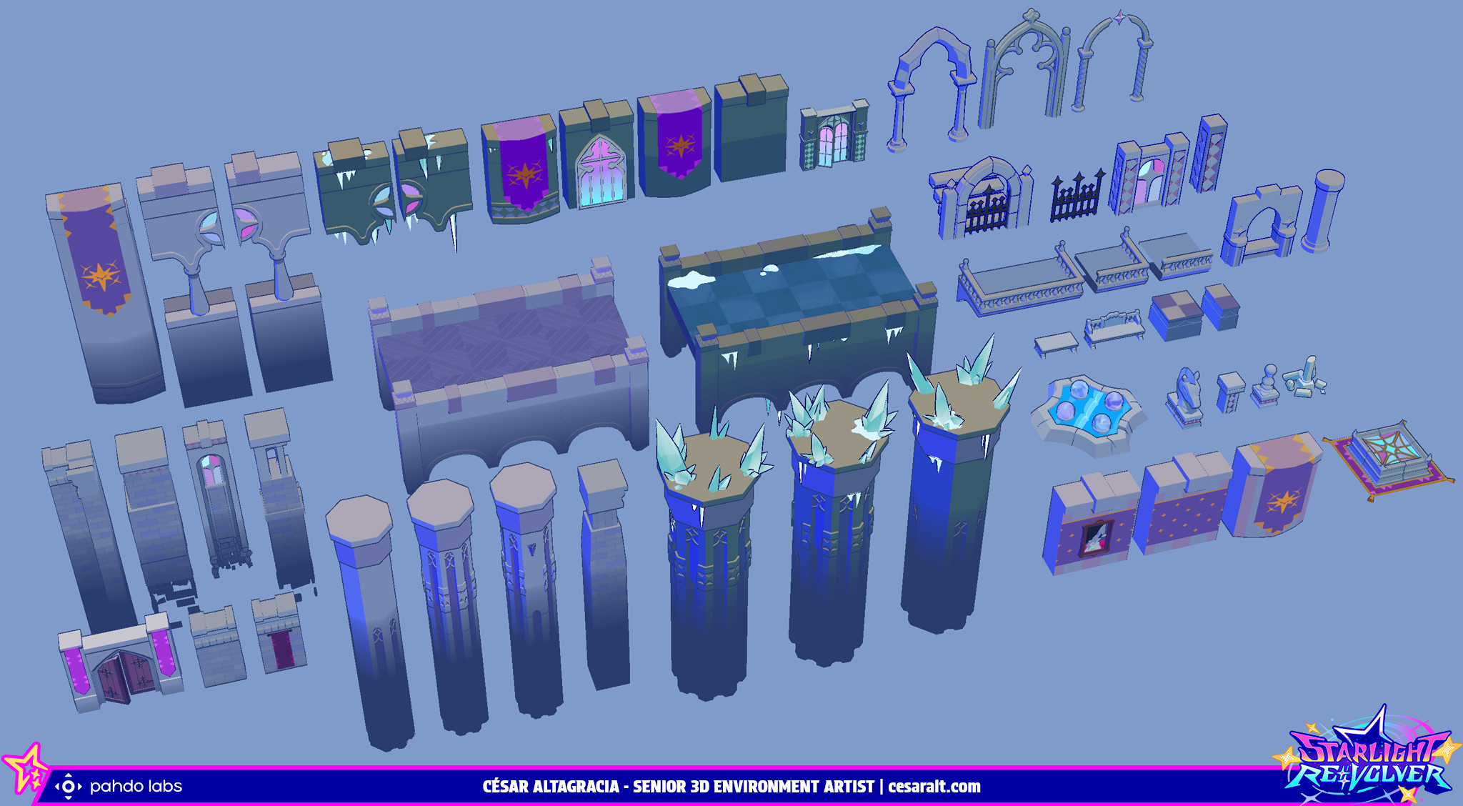The many modular pieces that make up Fia's Mirror's achitecture. Additional modeling and technical art by Kevin Chen.