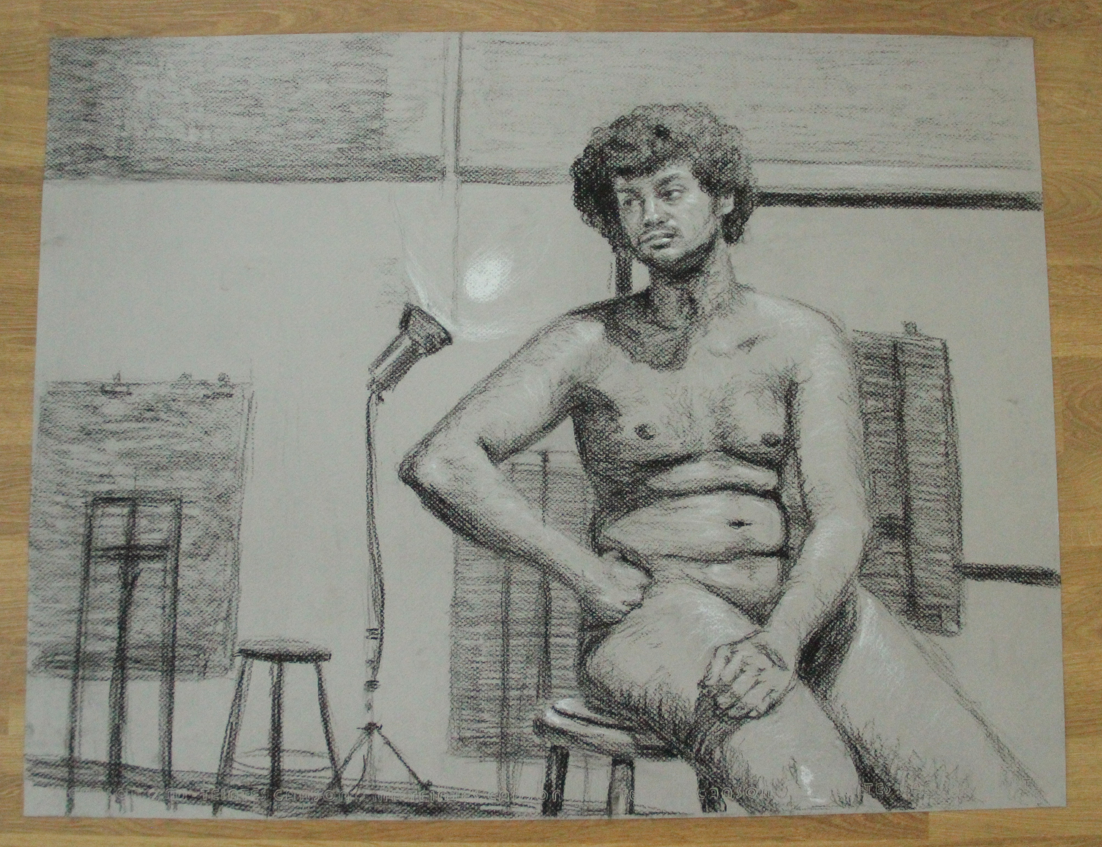 18 x 24 in gray toned paper, black and white charcoal