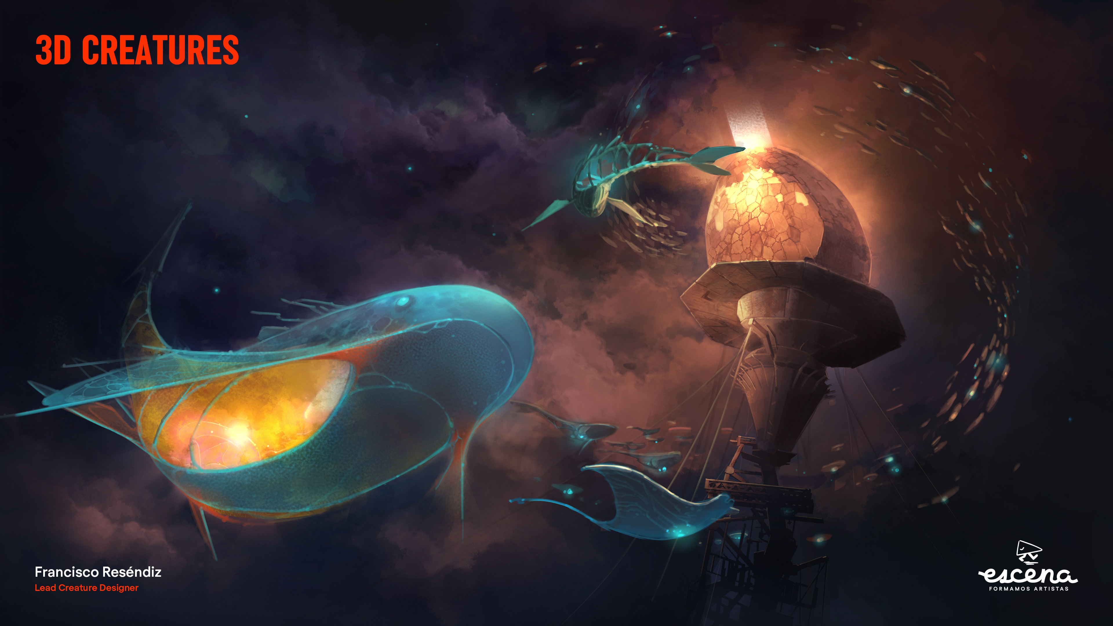 One of the toughest things to get properly working for Shimmer, from design to crowd simulations, was the arrival of the blazing creatures that appear towards the end of the short film. Francisco Reséndiz outdid himself with his design proposals.