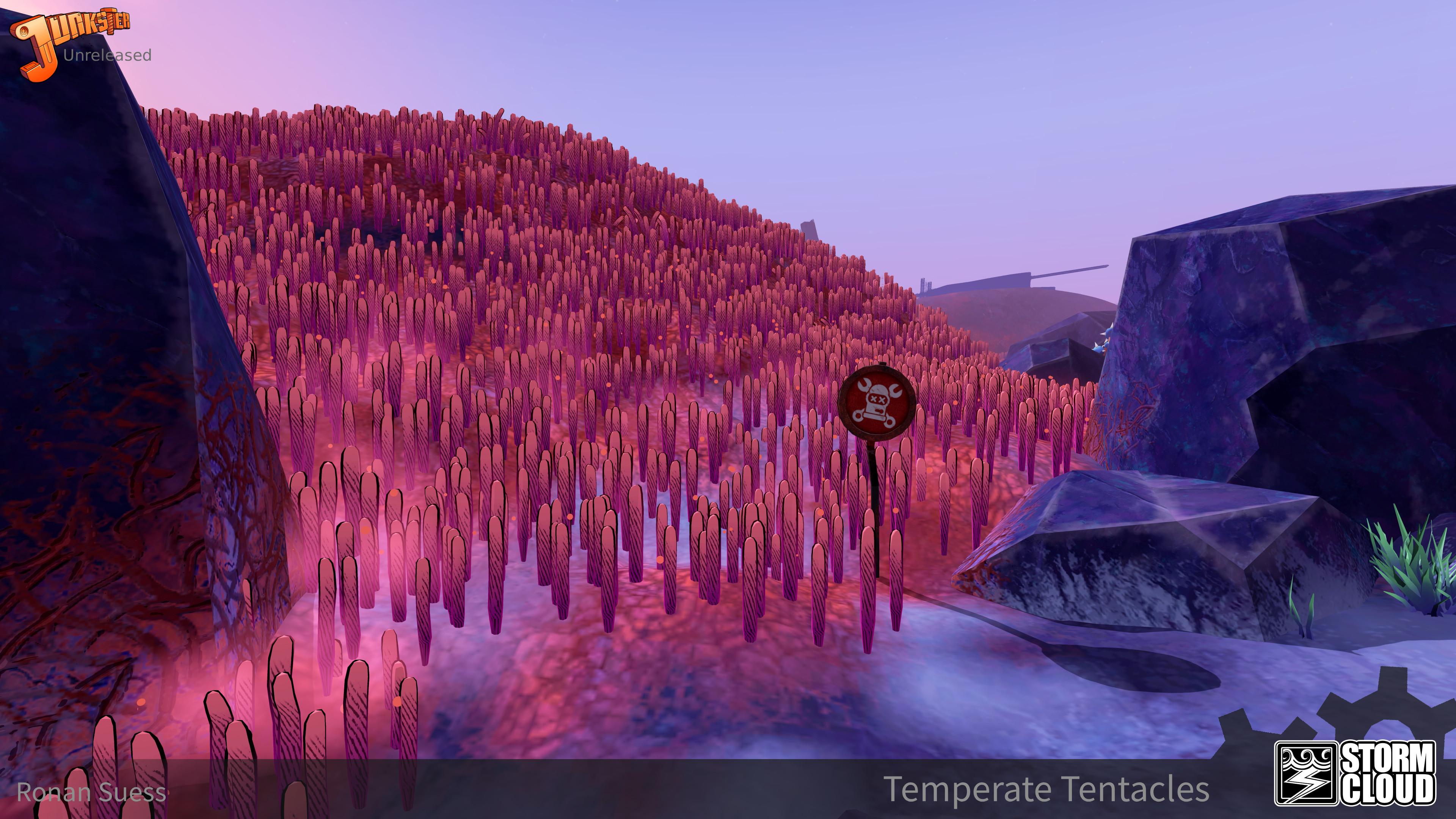 View of a typical field of tentacles. Tentacles stretch out into the distance changing lods and removing shader features to simplify rendering. They however always match the incline of the surface they sit on.