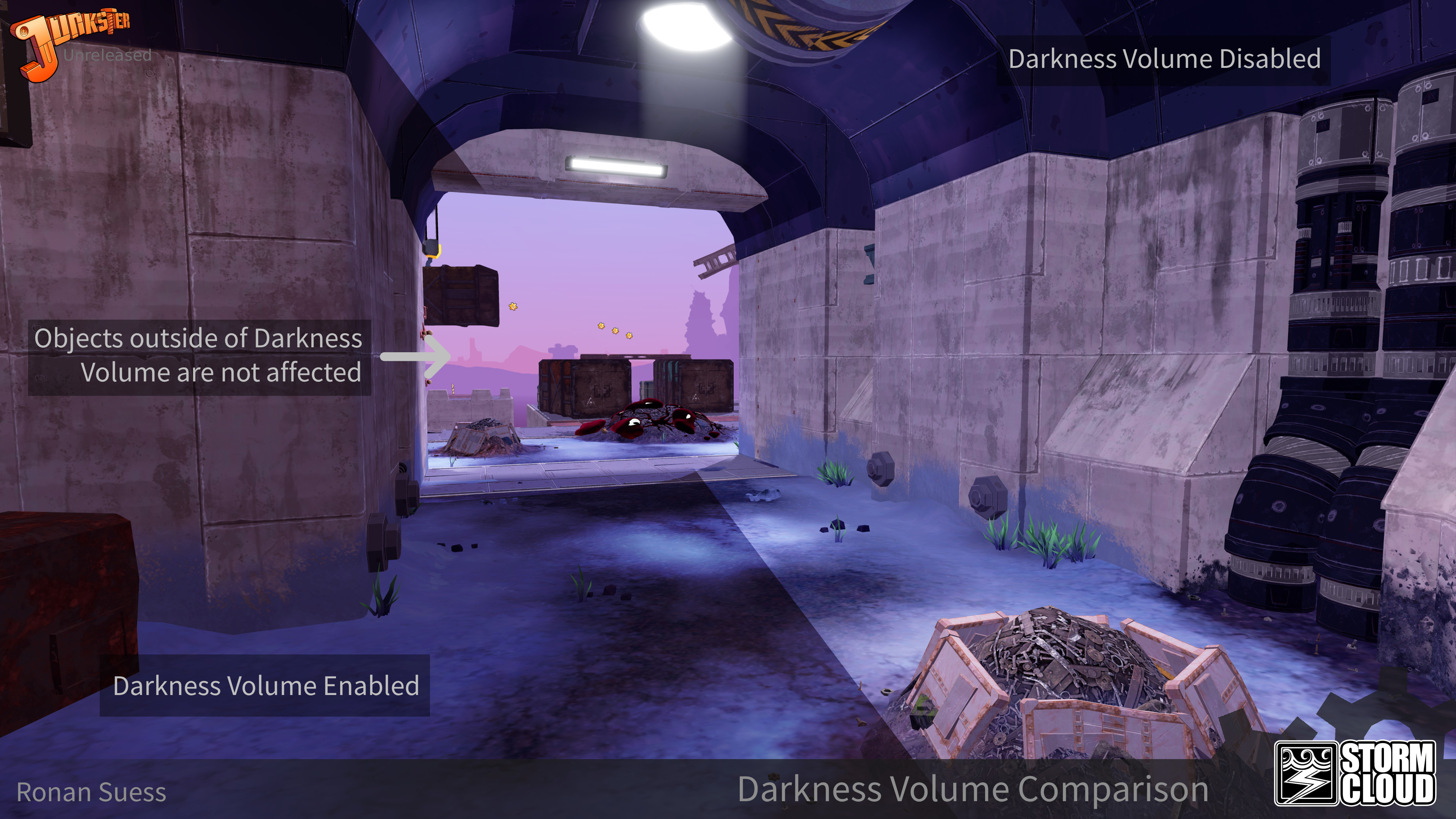 Comparison of the active Darkness Volume on the Left, and an inactive Darkness Volume on the right. Note the opening of the tunnel views outside, which is unaffected by the darkness volume.